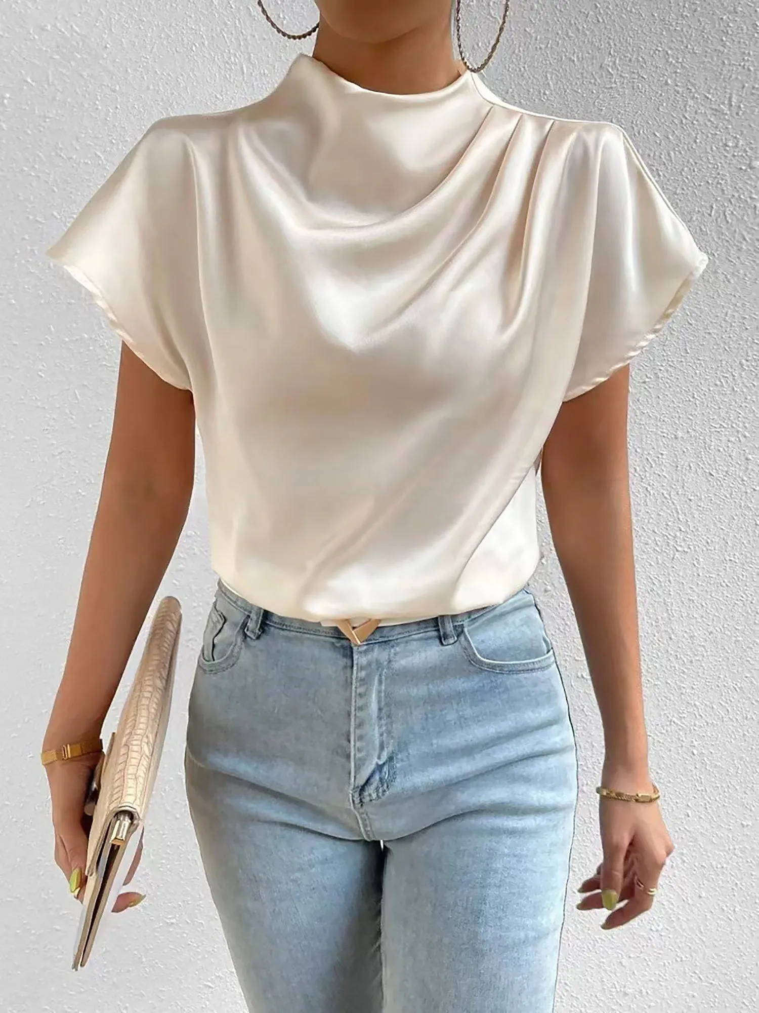 Ruched Mock Neck Satin Short Sleeves Blouse sold by Allegra K product image thumbnail 3