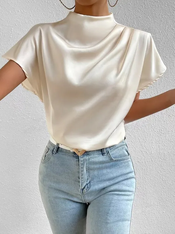 Ruched Mock Neck Satin Short Sleeves Blouse sold by Allegra K
