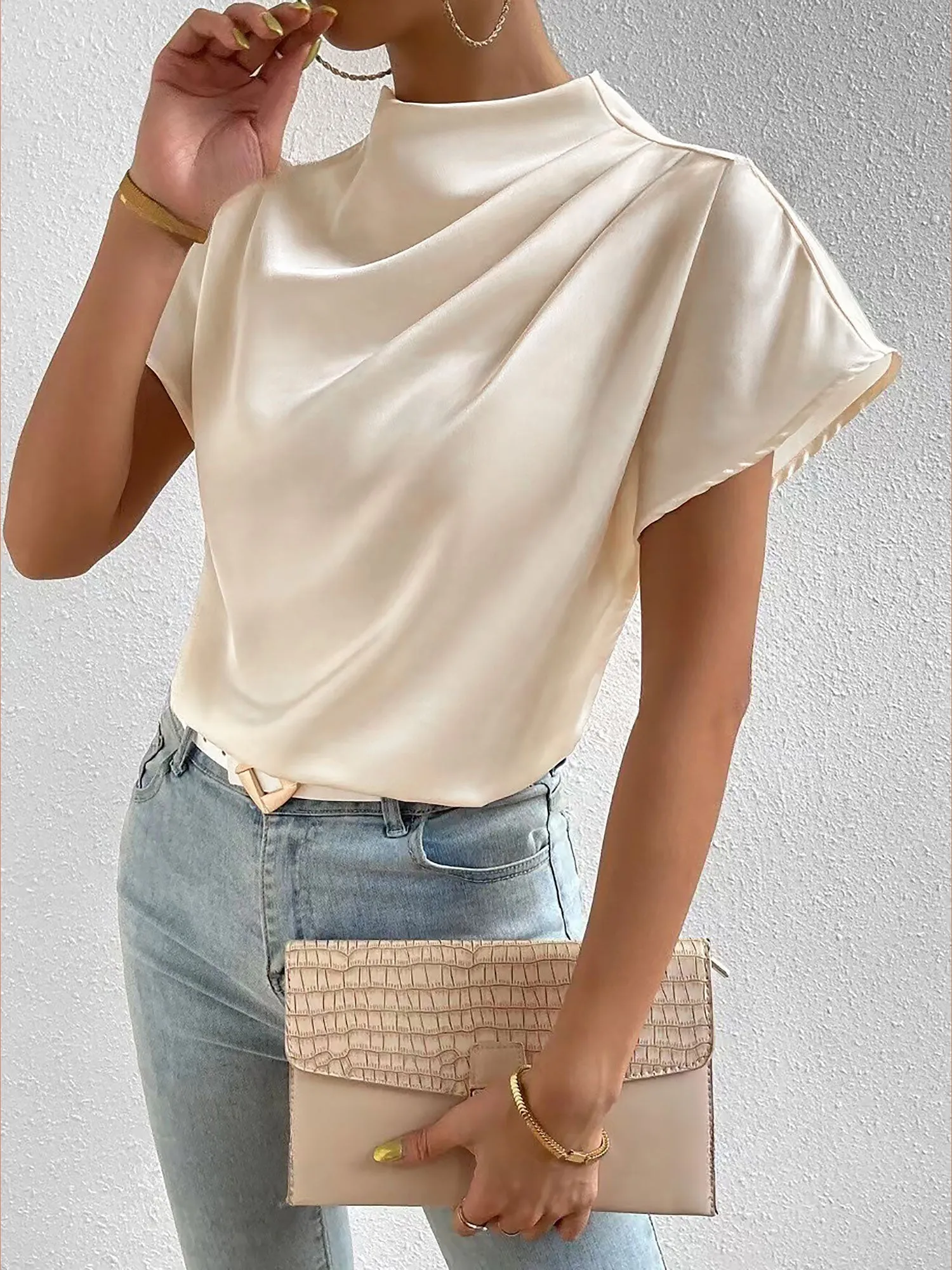 Ruched Mock Neck Satin Short Sleeves Blouse sold by Allegra K product image thumbnail 4