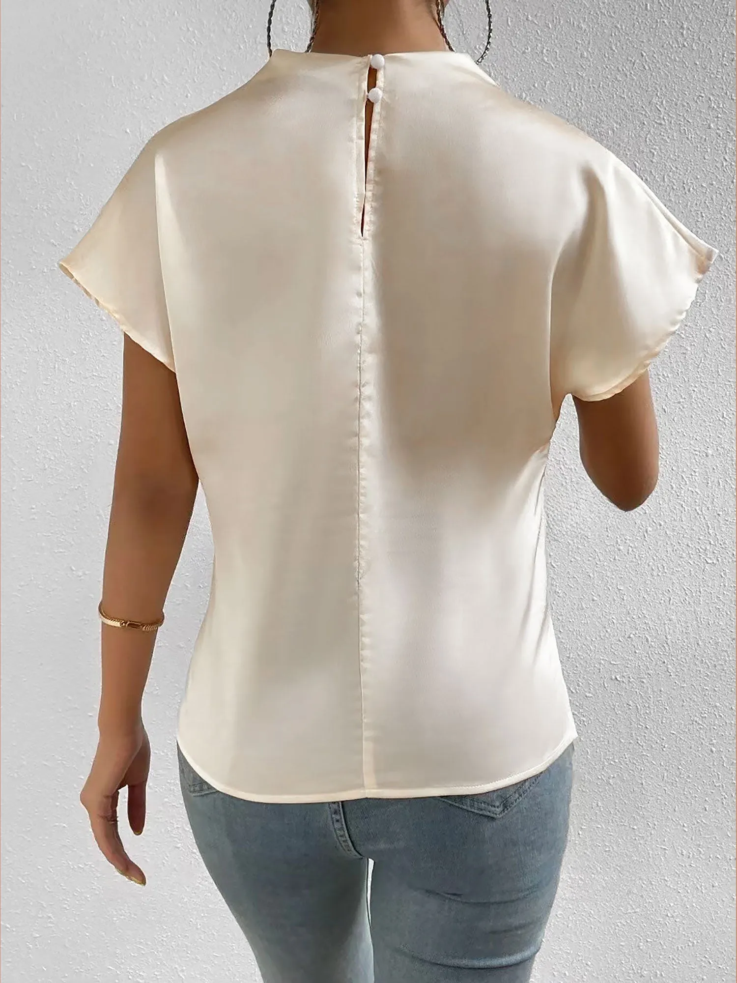 Ruched Mock Neck Satin Short Sleeves Blouse sold by Allegra K product image thumbnail 2
