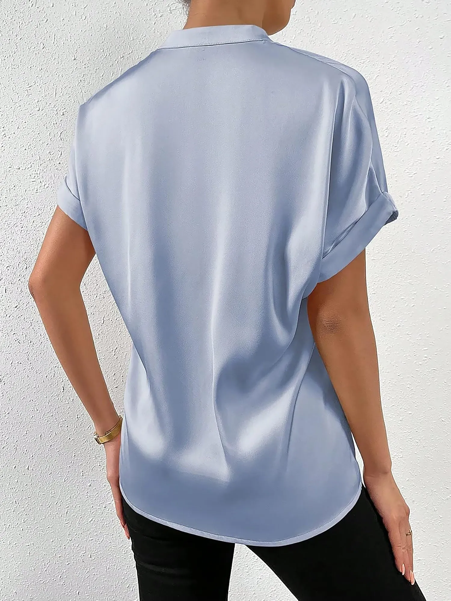 Solid Color Satin Short Sleeves Work Blouse sold by Allegra K product image thumbnail 5