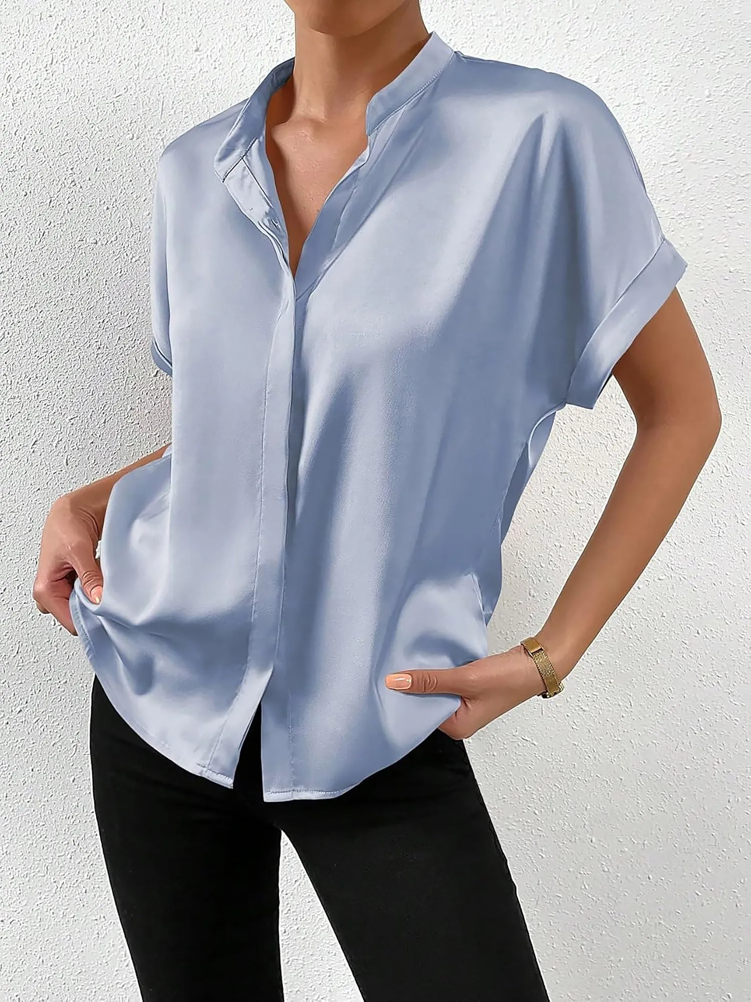 Solid Color Satin Short Sleeves Work Blouse sold by Allegra K