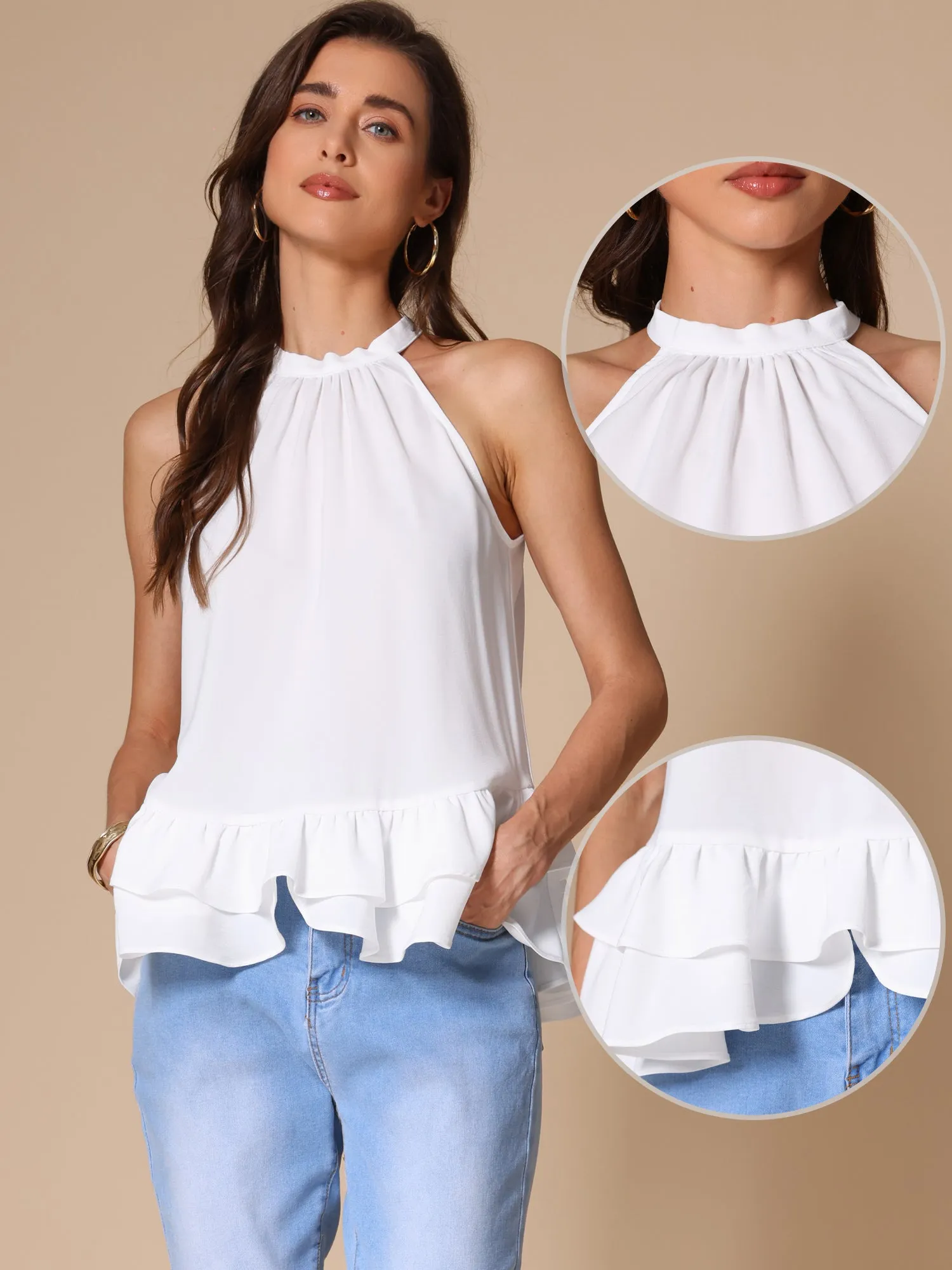 Halter Neck Sleeveless Ruffled Blouse sold by Allegra K product image thumbnail 2