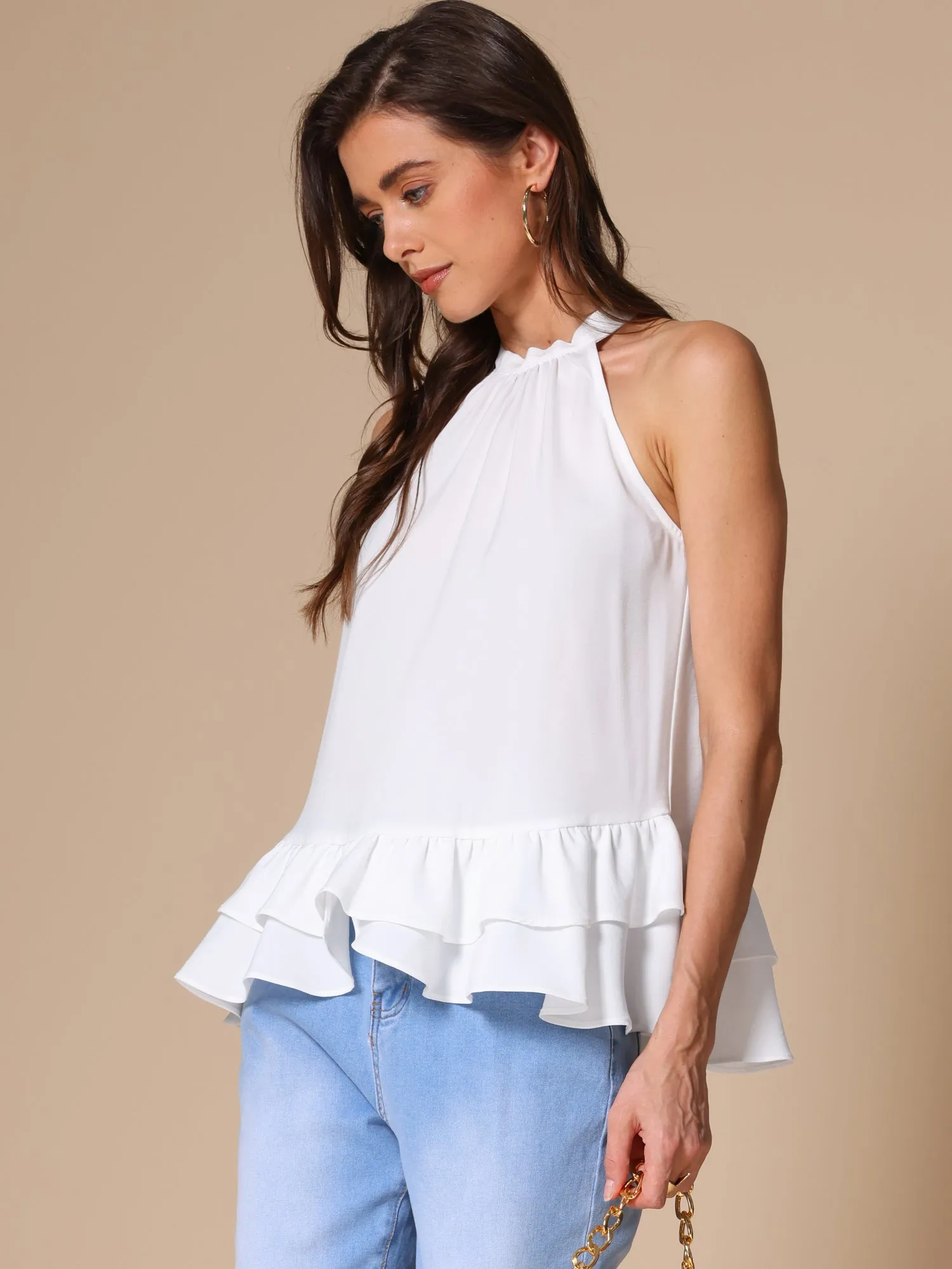 Halter Neck Sleeveless Ruffled Blouse sold by Allegra K