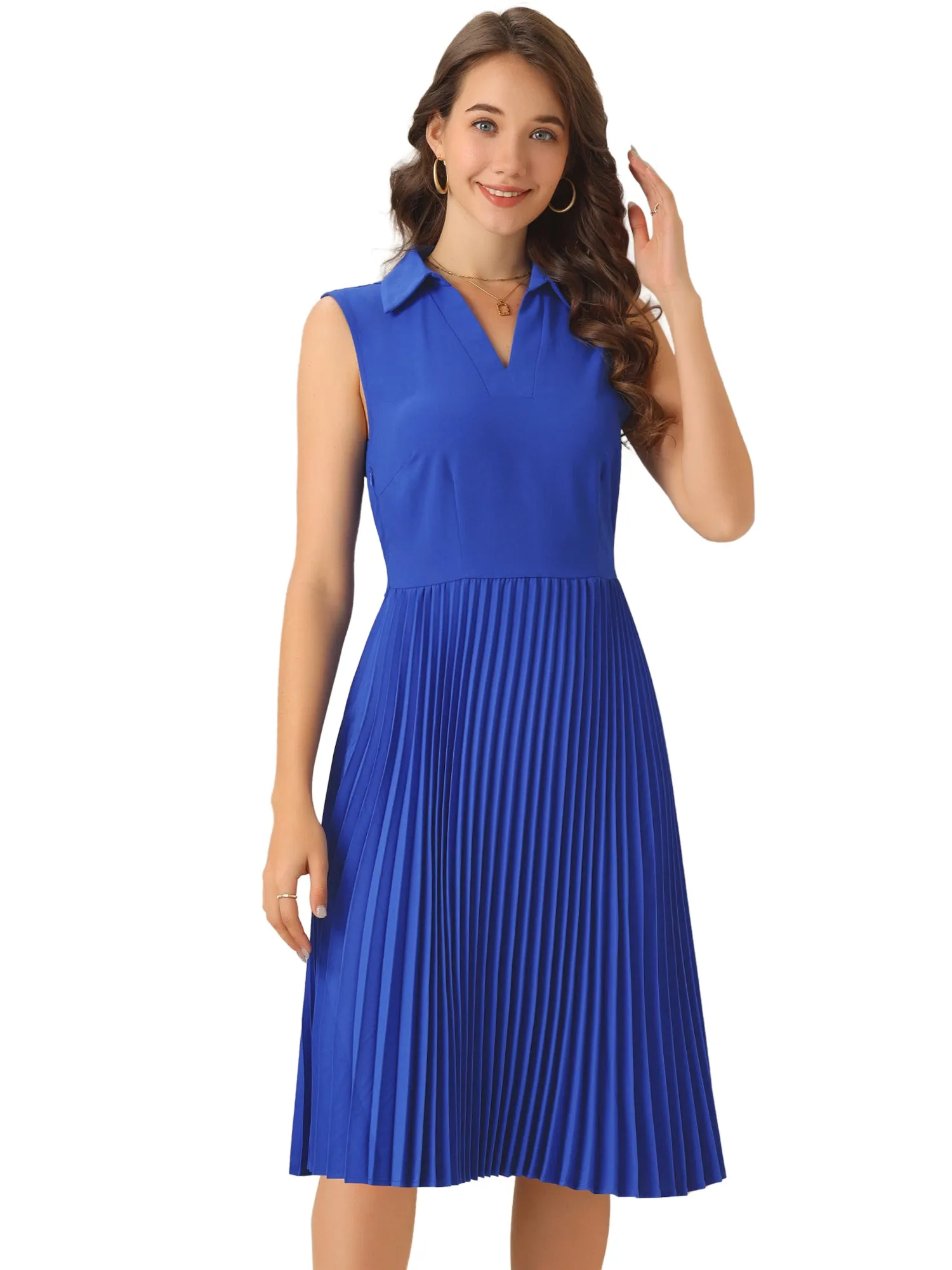 Collared V Neck Pleated Sleeveless Work Office Dress sold by Allegra K product image thumbnail 5