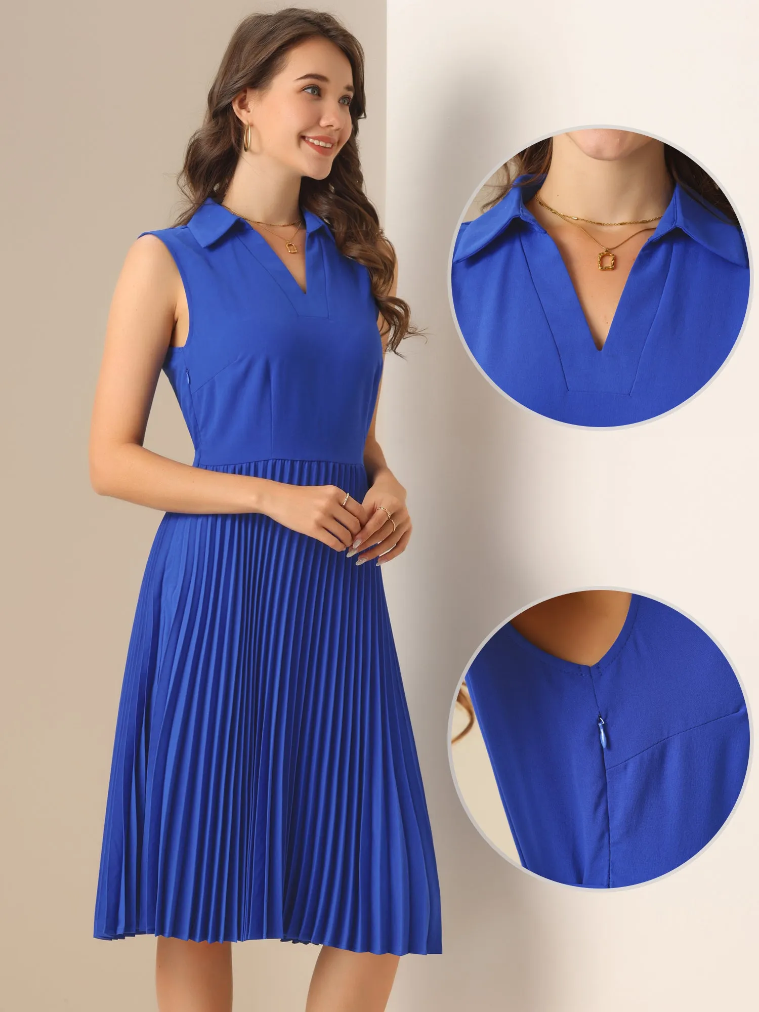 Collared V Neck Pleated Sleeveless Work Office Dress sold by Allegra K product image thumbnail 3