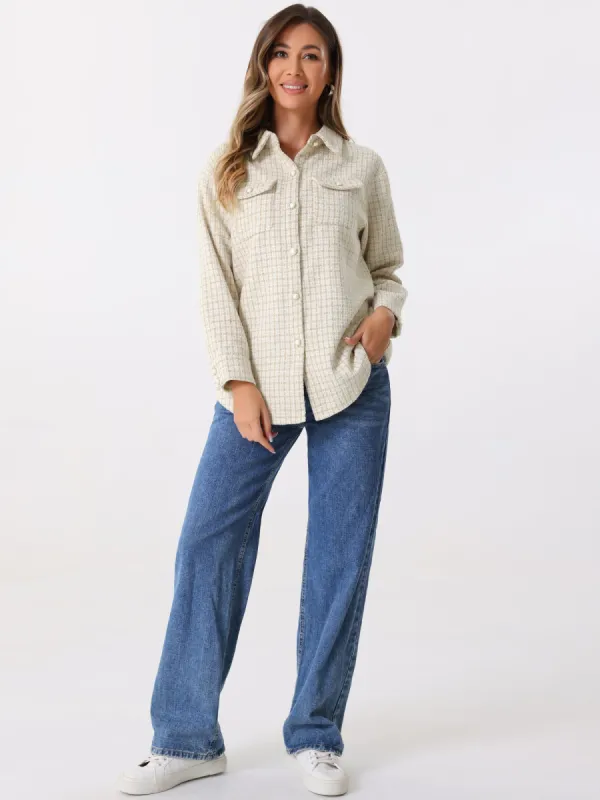 Tweed Plaid Long Sleeves Loose Fit Shirt Jacket Shacket sold by Allegra K