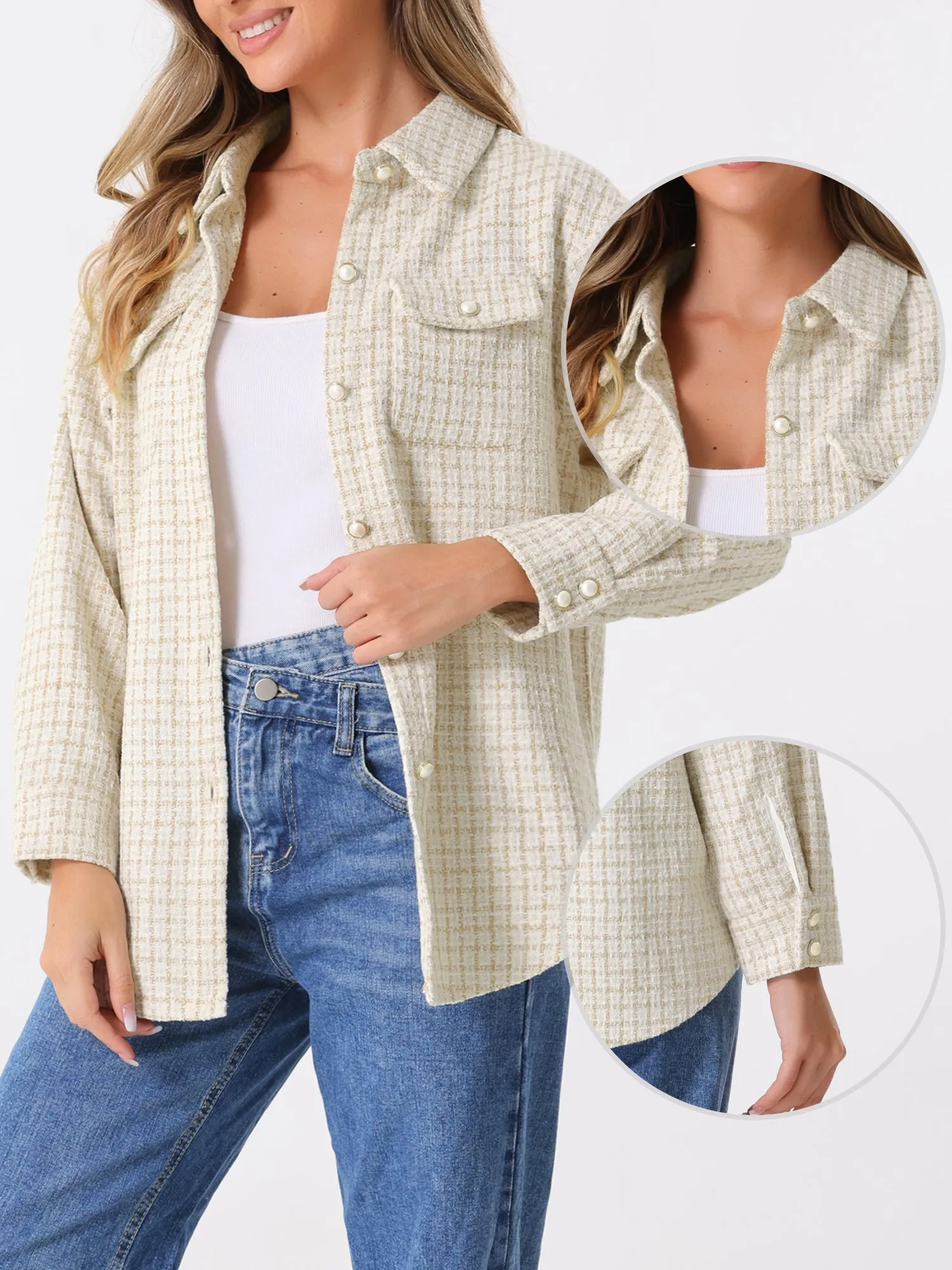 Tweed Plaid Long Sleeves Loose Fit Shirt Jacket Shacket sold by Allegra K product image thumbnail 2