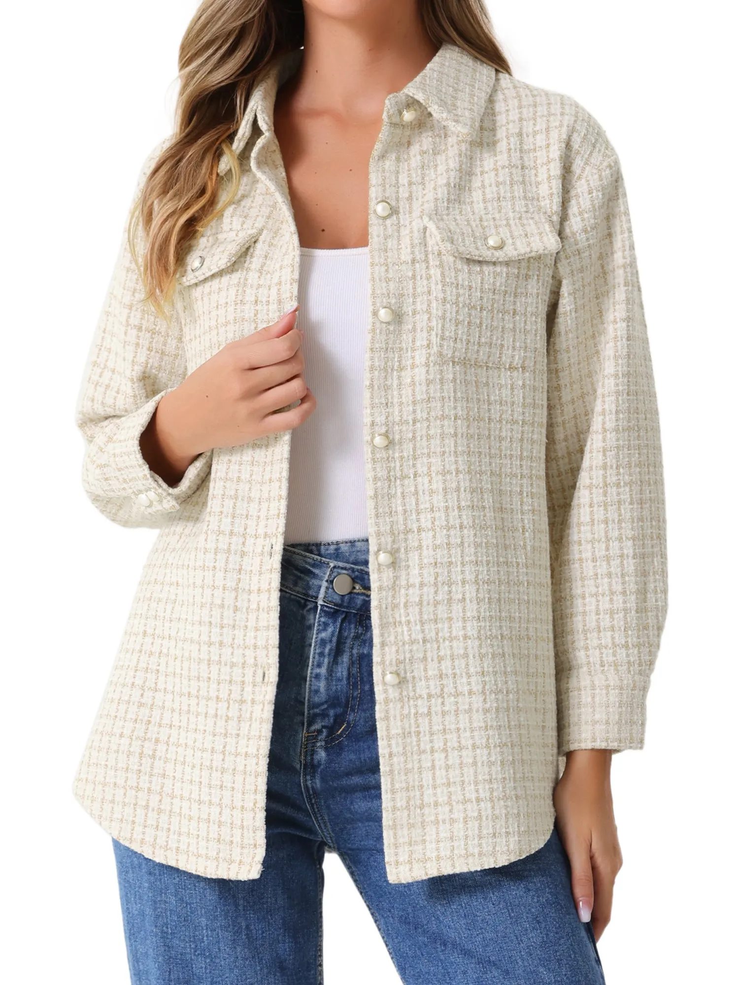 Tweed Plaid Long Sleeves Loose Fit Shirt Jacket Shacket sold by Allegra K product image thumbnail 5