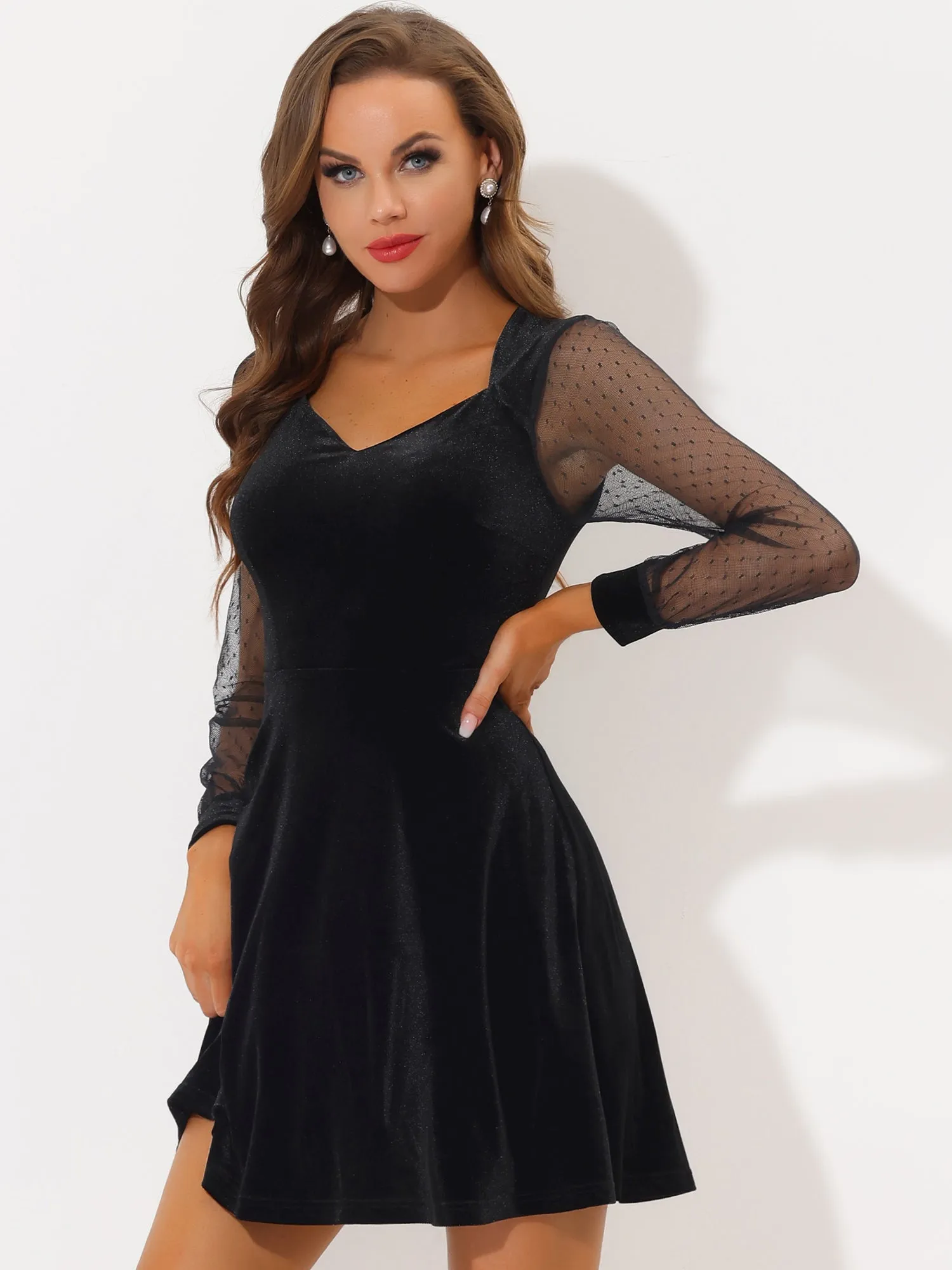 Cocktail Sweetheart Neck Mesh Sheer Long Sleeve Velvet Mini Dress sold by Allegra K