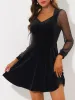 Cocktail Sweetheart Neck Mesh Sheer Long Sleeve Velvet Mini Dress sold by Allegra K
