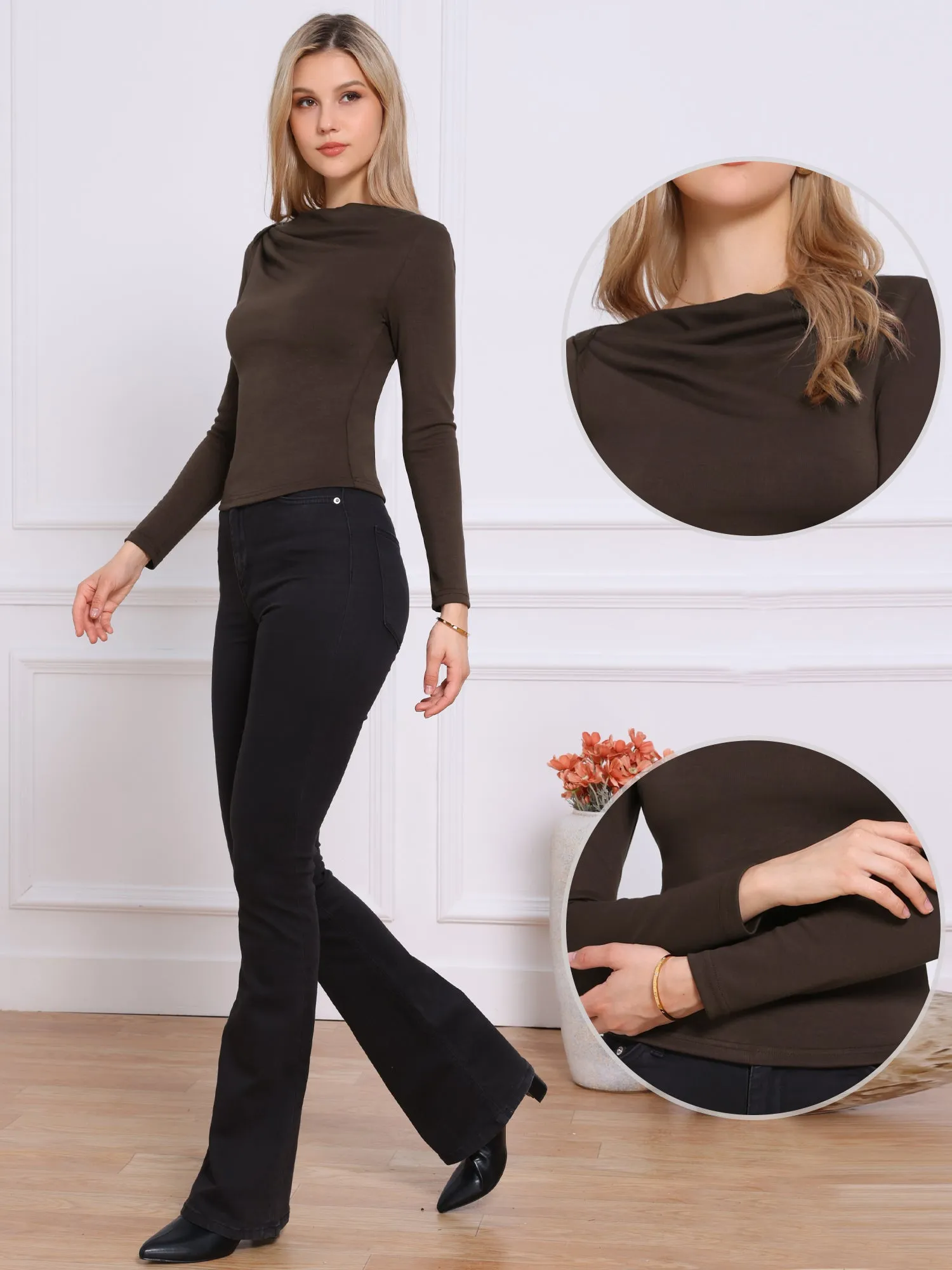 Long Sleeve Boat Neck Ruched Front Casual Tops sold by Allegra K product image thumbnail 2