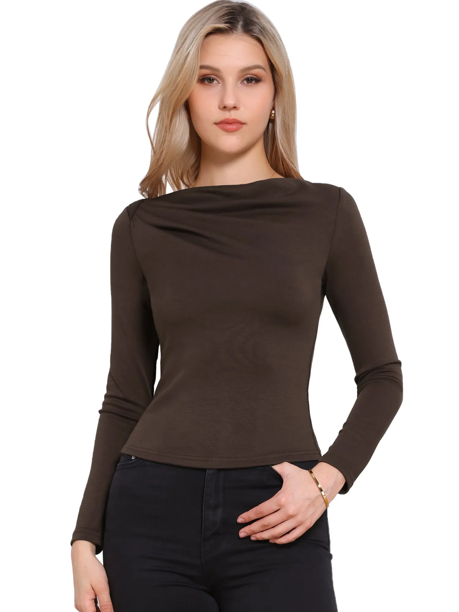 Long Sleeve Boat Neck Ruched Front Casual Tops sold by Allegra K product image thumbnail 5