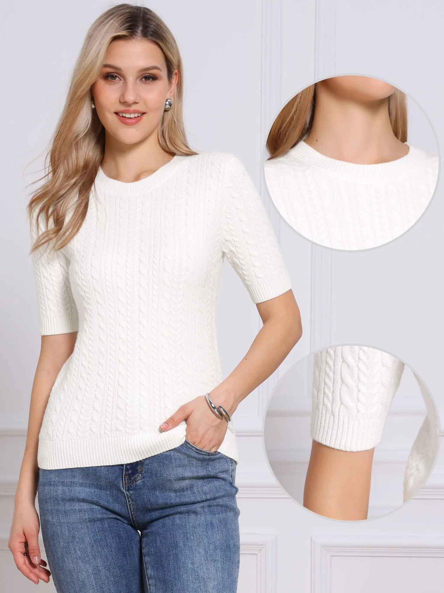 Short Sleeve Crew Neck Knit Casual Sweater Top sold by Allegra K