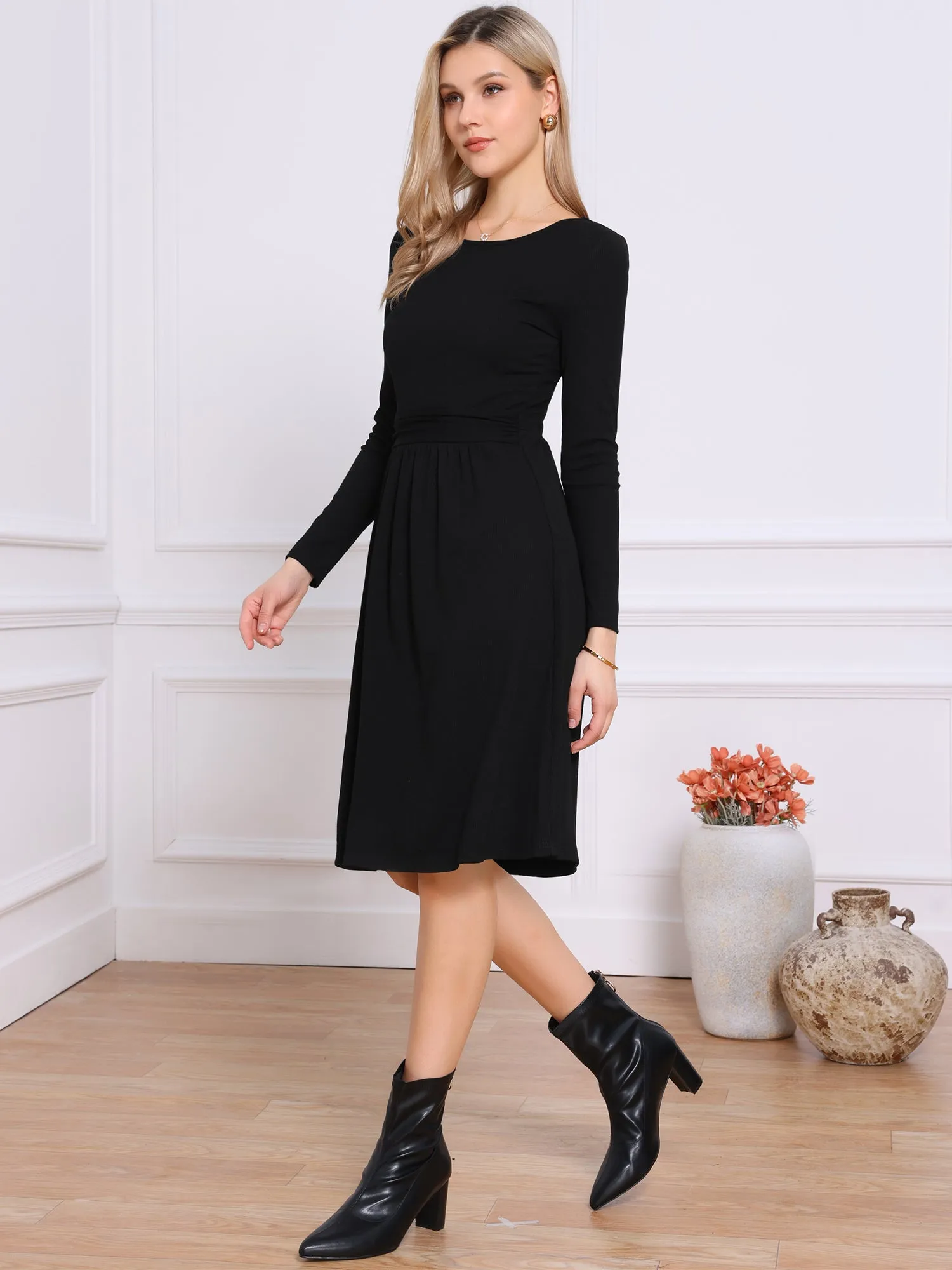Ribbed Knitted Long Sleeve Crew Neck Sweater Dress sold by Allegra K