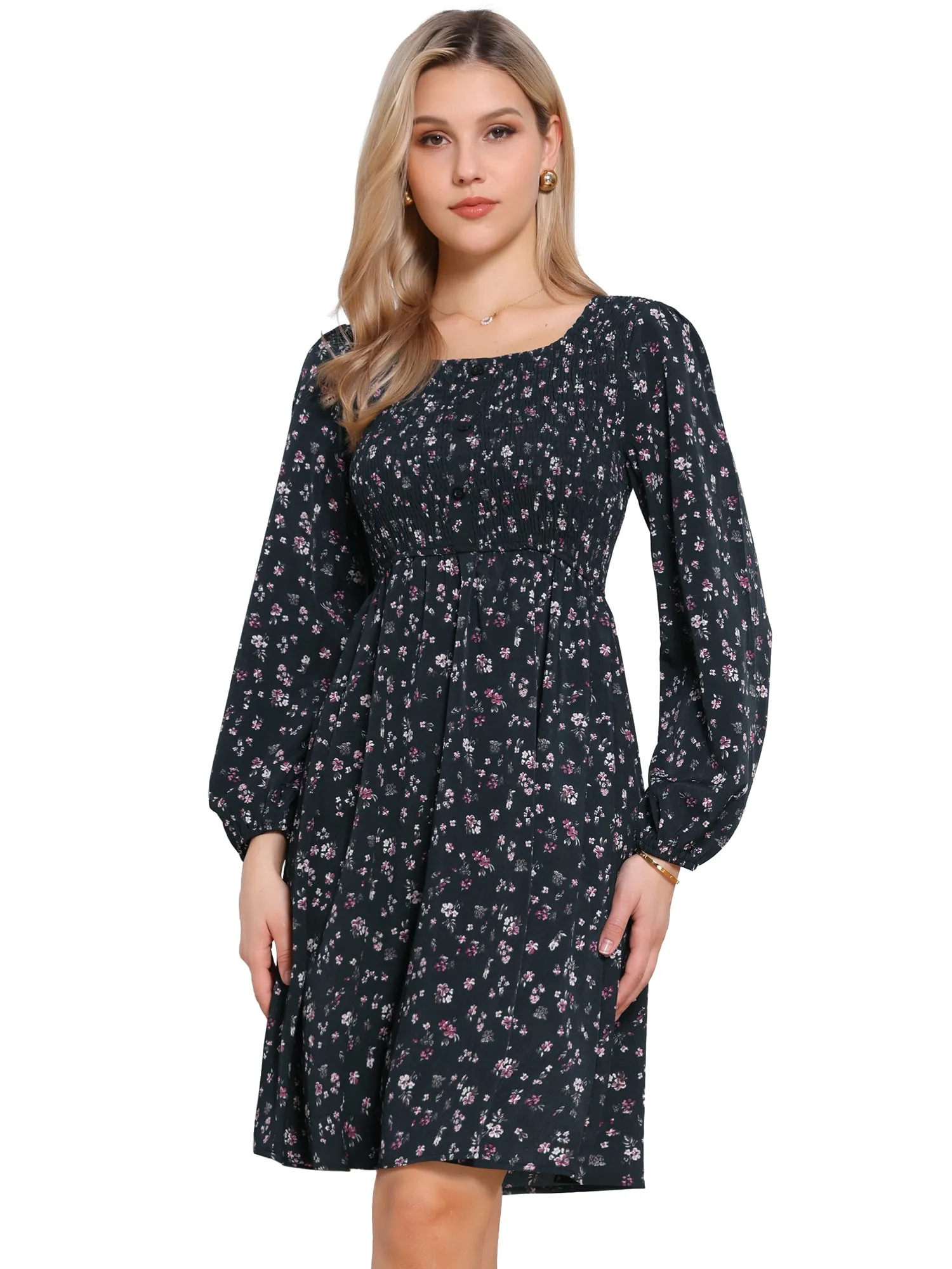 Floral Square Neck Buttoned Smocked Midi Dress sold by Allegra K product image thumbnail 4