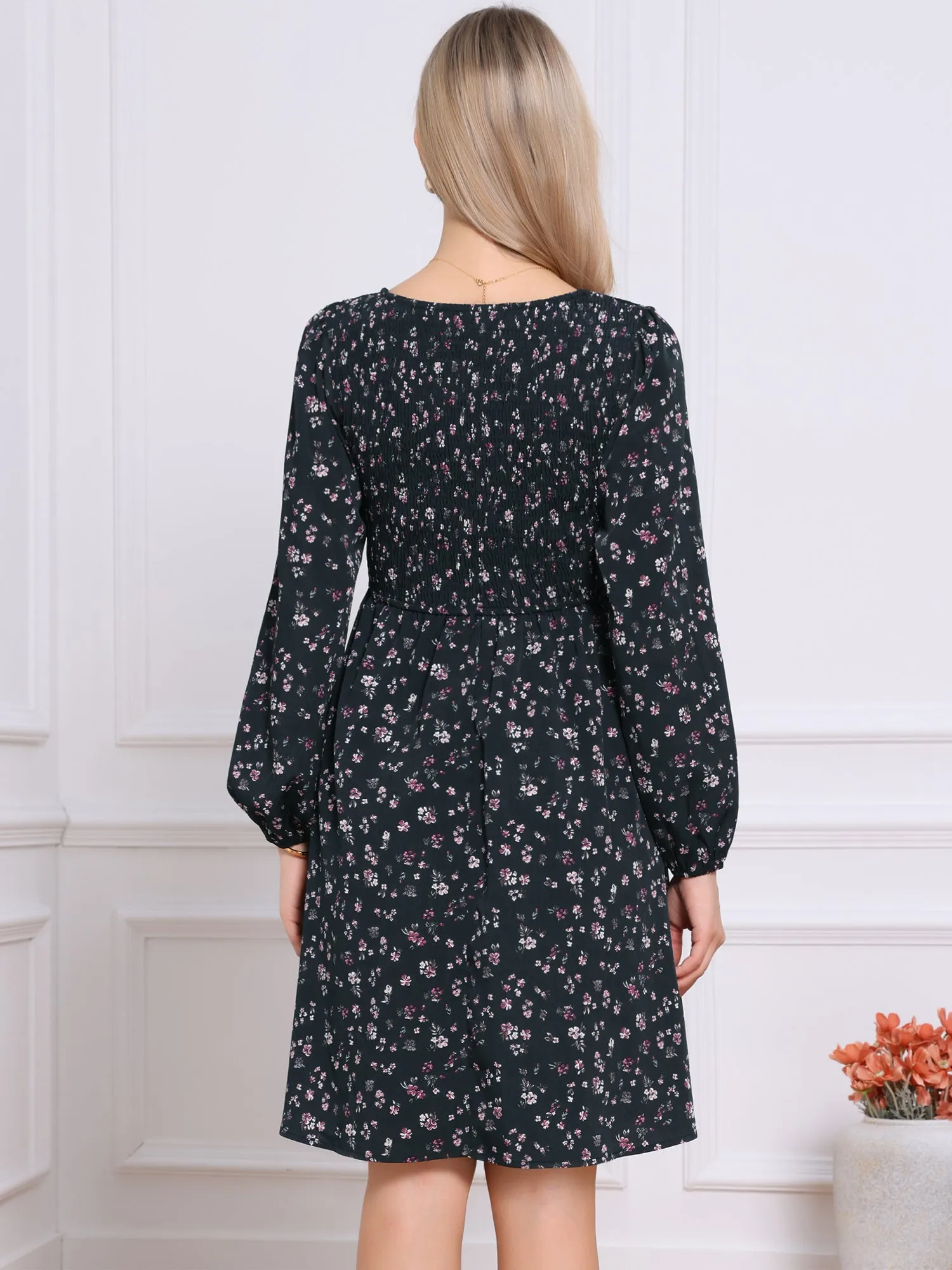 Floral Square Neck Buttoned Smocked Midi Dress sold by Allegra K product image thumbnail 3