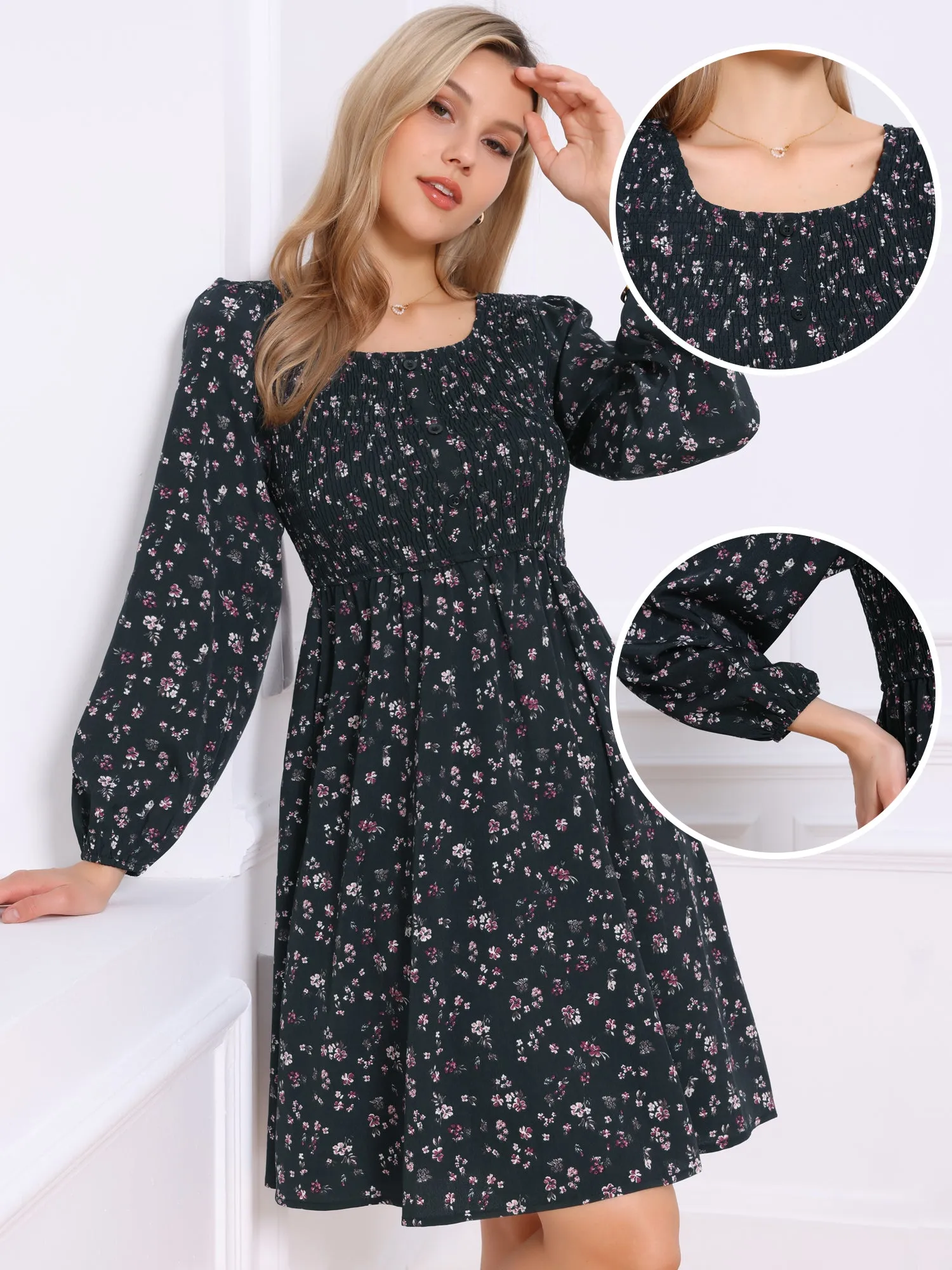Floral Square Neck Buttoned Smocked Midi Dress sold by Allegra K product image thumbnail 2