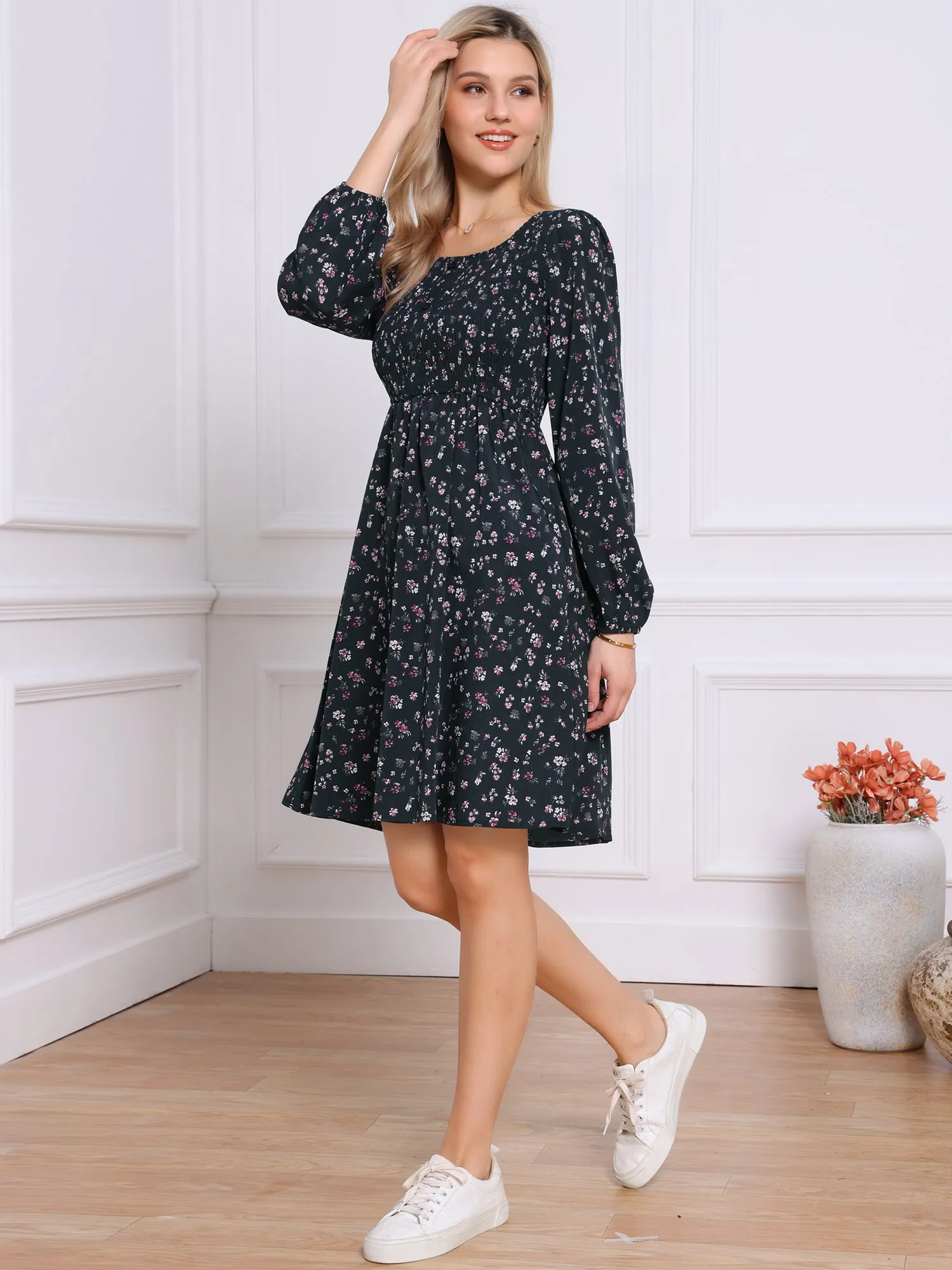 Floral Square Neck Buttoned Smocked Midi Dress sold by Allegra K