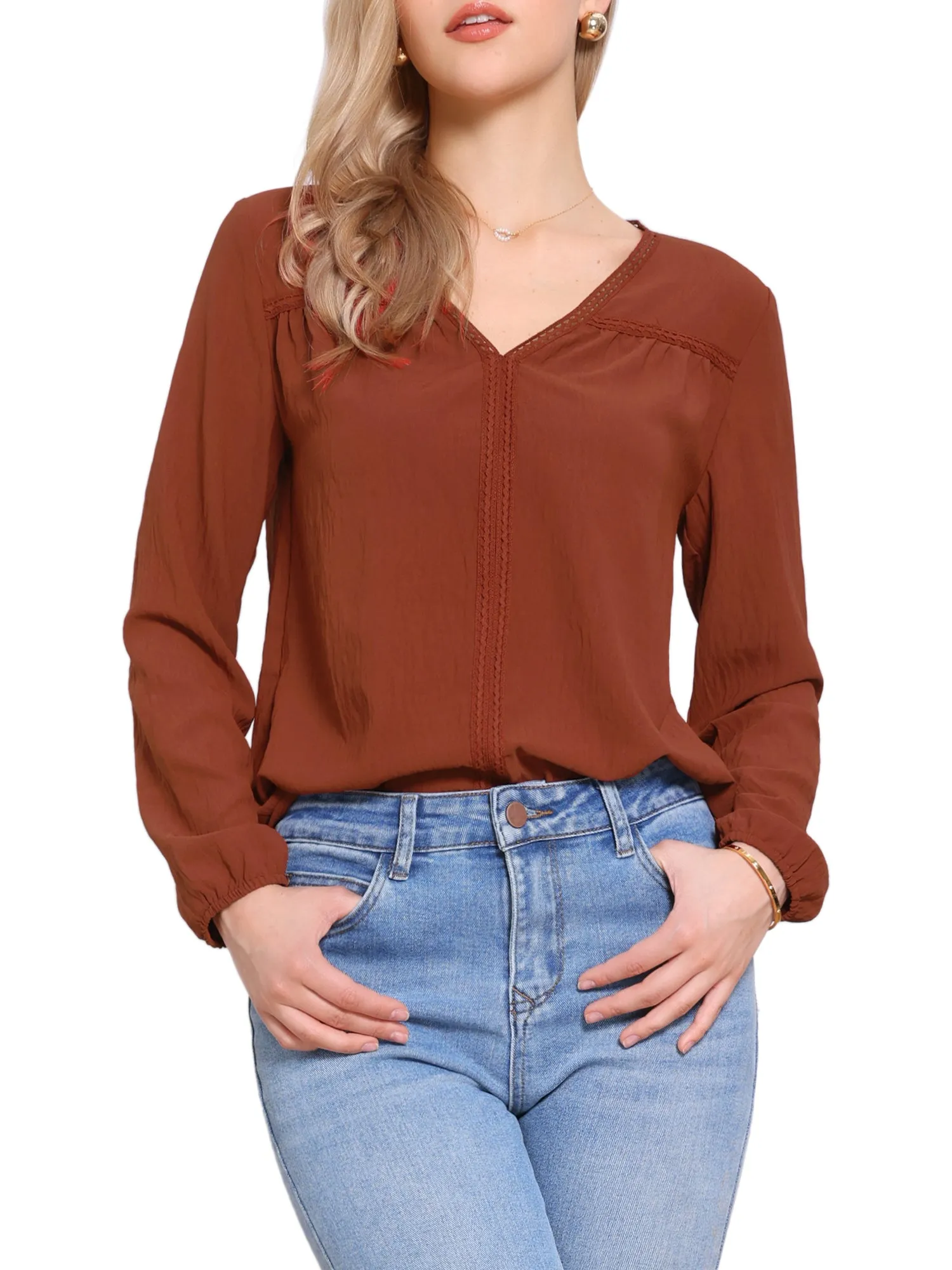V Neck Long Sleeves Lace Trim Casual Blouse sold by Allegra K product image thumbnail 5