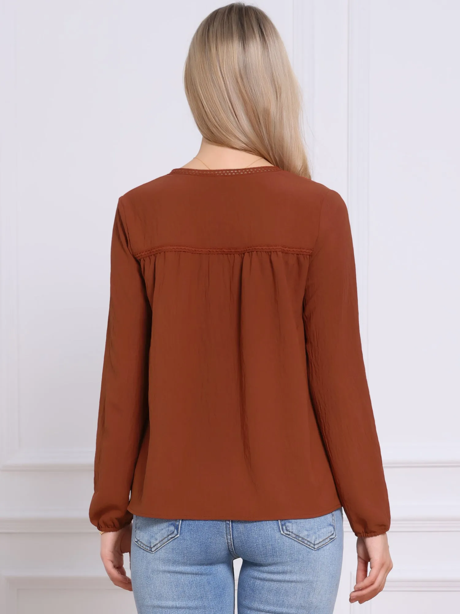 V Neck Long Sleeves Lace Trim Casual Blouse sold by Allegra K product image thumbnail 3