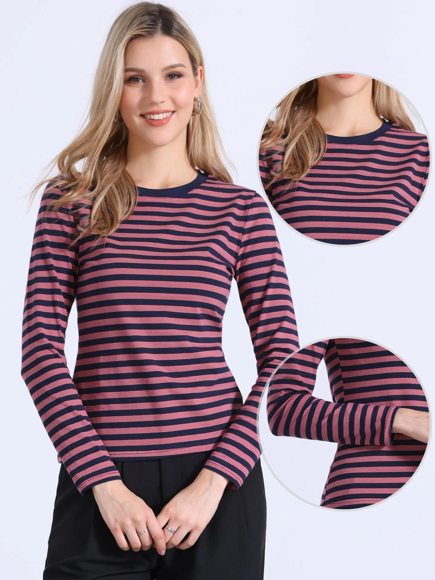 Striped Long Sleeve Crew Neck Casual Tops sold by Allegra K product image thumbnail 2