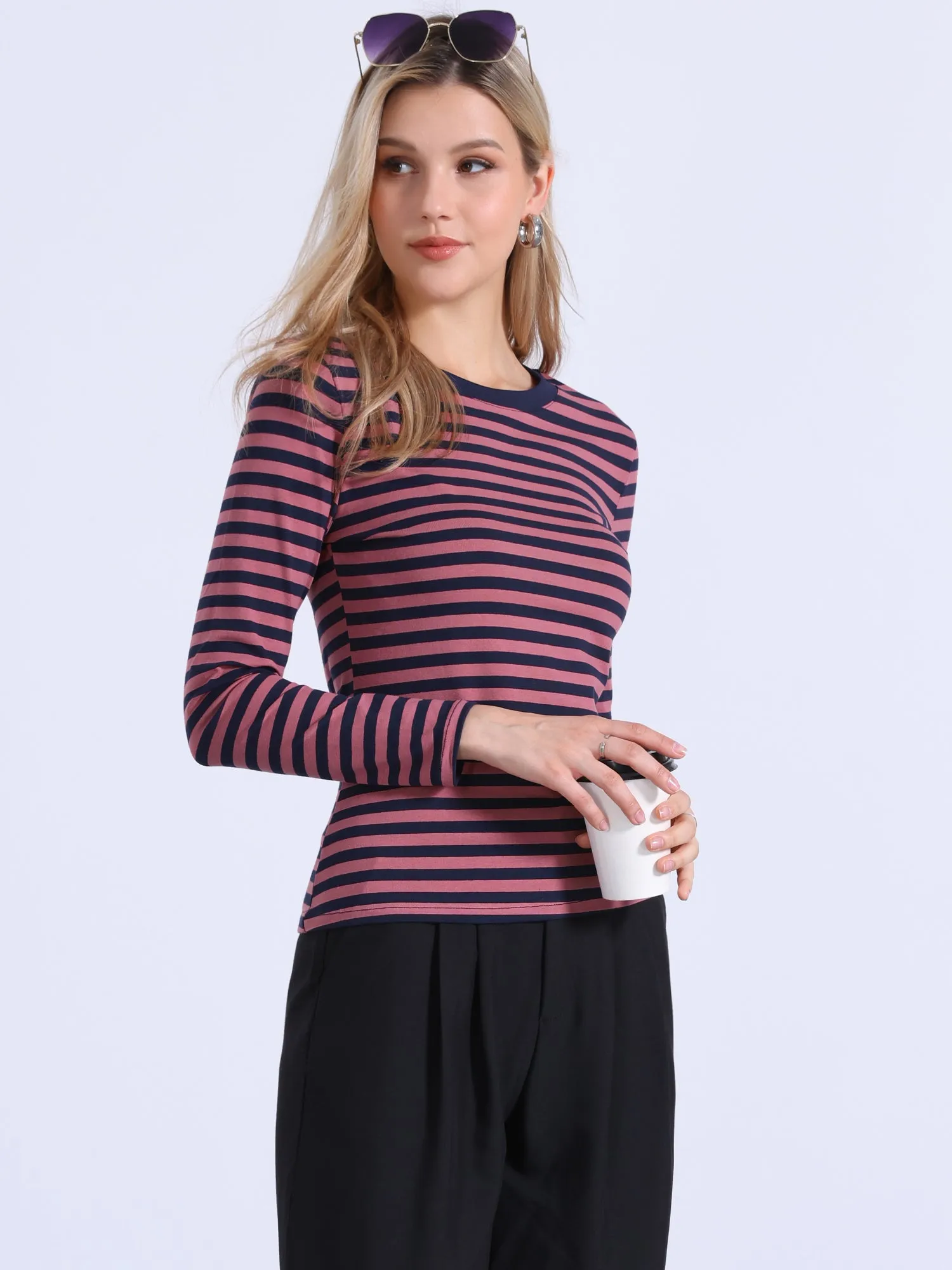 Striped Long Sleeve Crew Neck Casual Tops sold by Allegra K