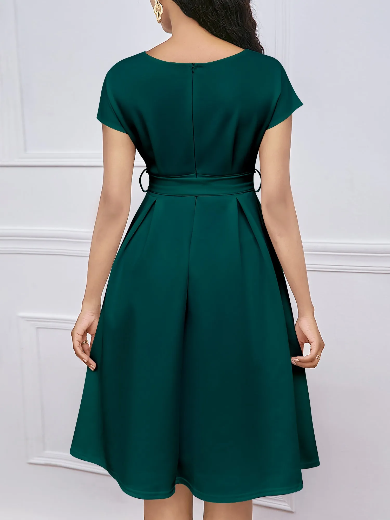 V Neck Solid Color Short Sleeve Tie Waist Dress sold by Allegra K product image thumbnail 3