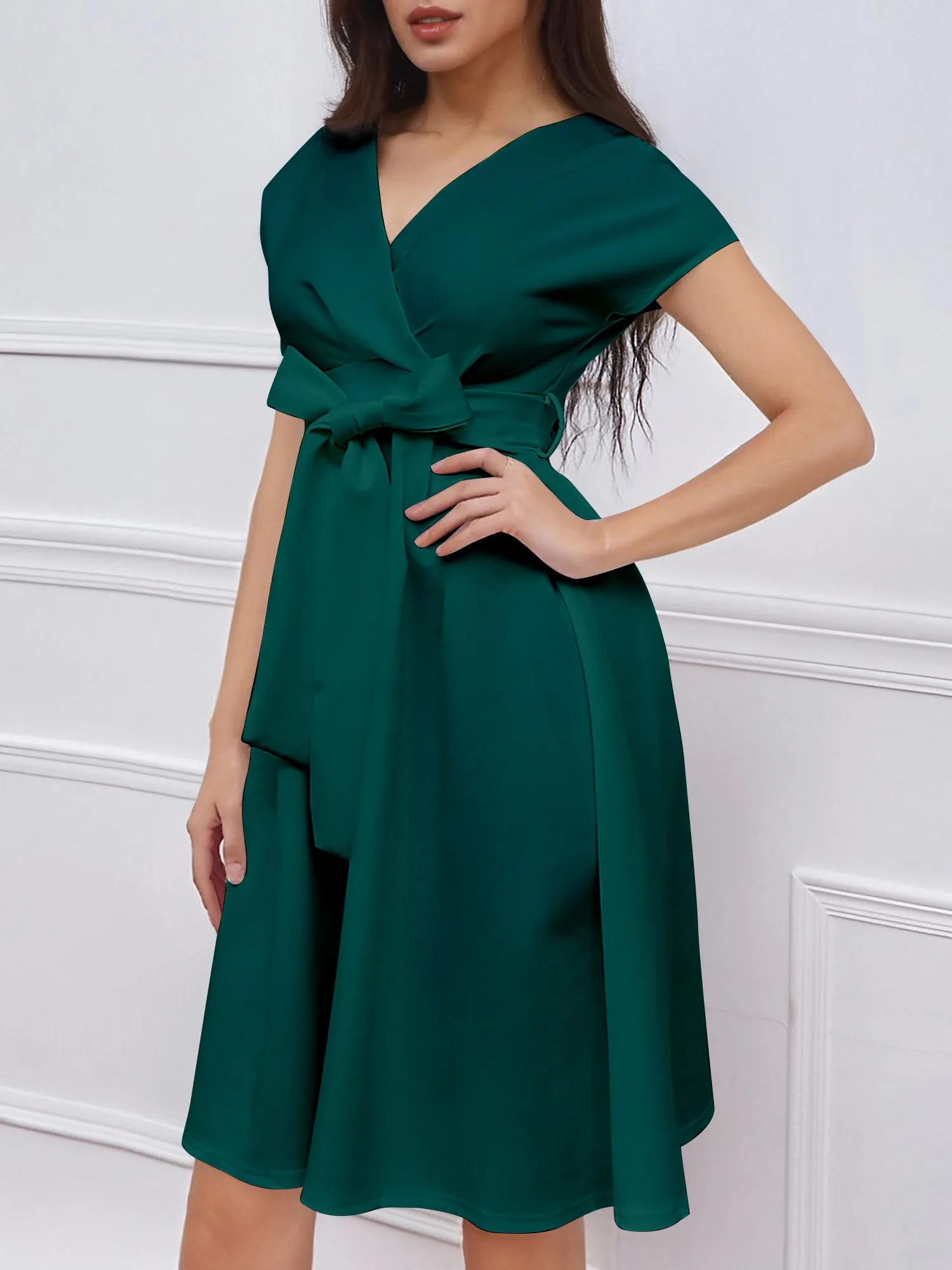 V Neck Solid Color Short Sleeve Tie Waist Dress sold by Allegra K product image thumbnail 2