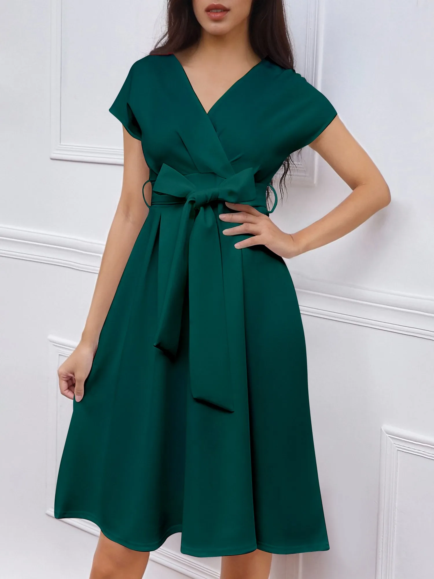 V Neck Solid Color Short Sleeve Tie Waist Dress sold by Allegra K