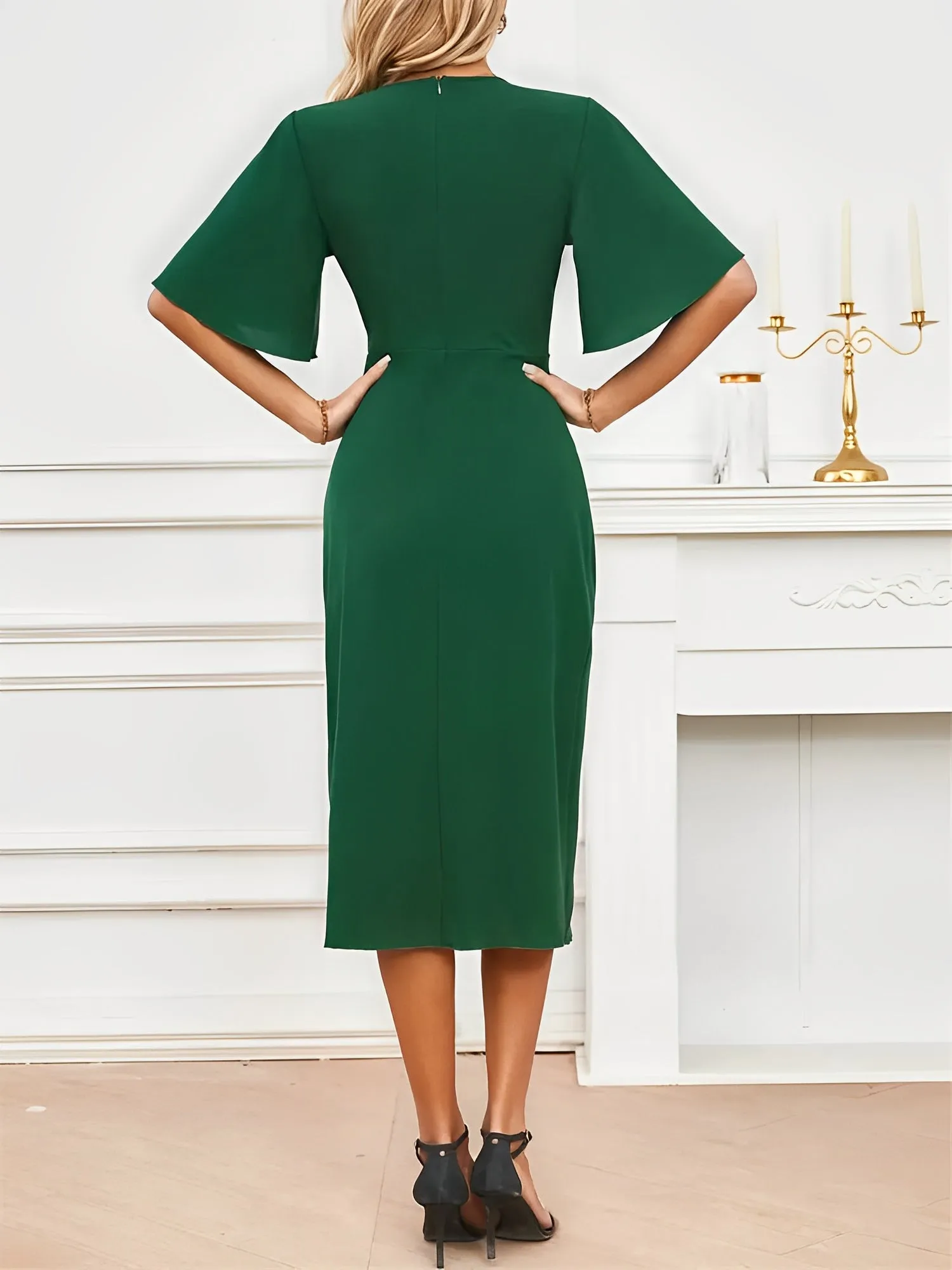 V Neck Solid Color Ruched Midi Dress sold by Allegra K product image thumbnail 3