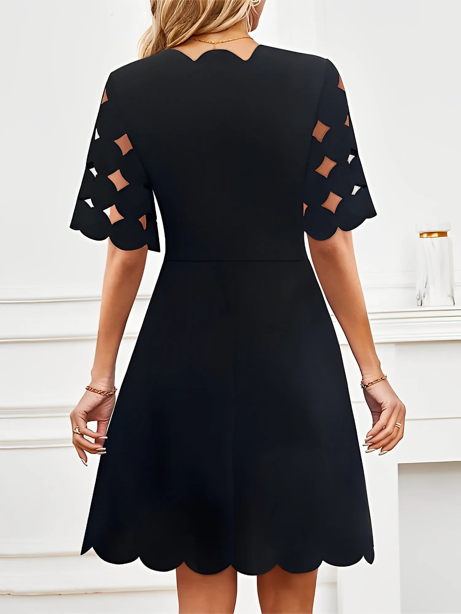 Solid Color Hollow Short Sleeve A-Line Midi Dress sold by Allegra K product image thumbnail 3