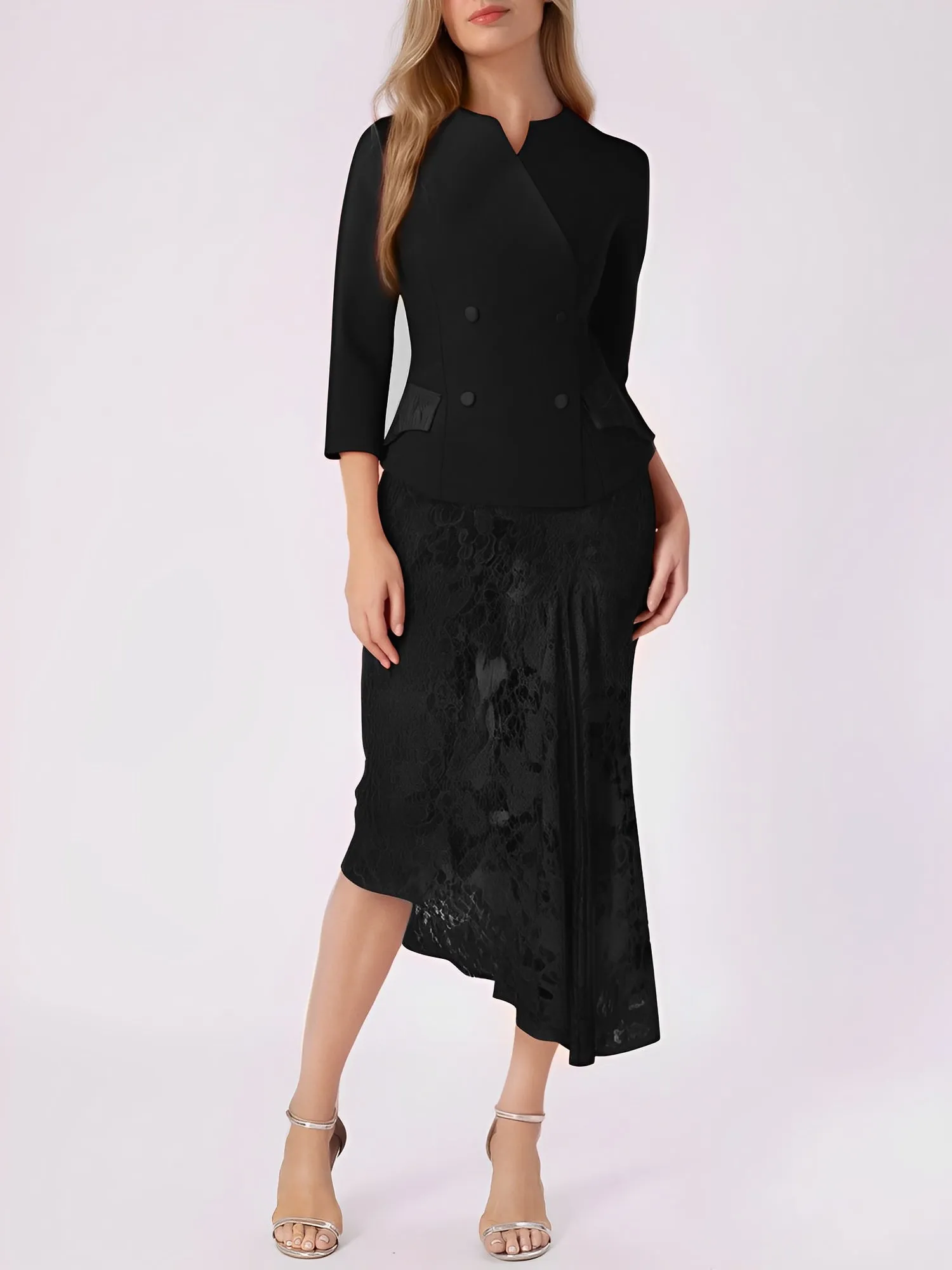 2 Pieces 3/4 Sleeves Blazer & Lace Ruffled Midi Pencil Skirt Set sold by Allegra K