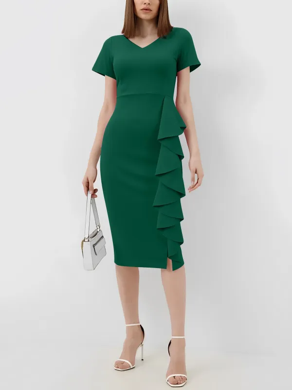 Short Sleeves Solid Color Ruffled Sheath Dress sold by Allegra K