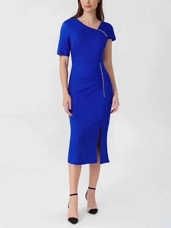 Faux Pearl Decor Ruched Slit Midi Sheath Dress sold by Allegra K