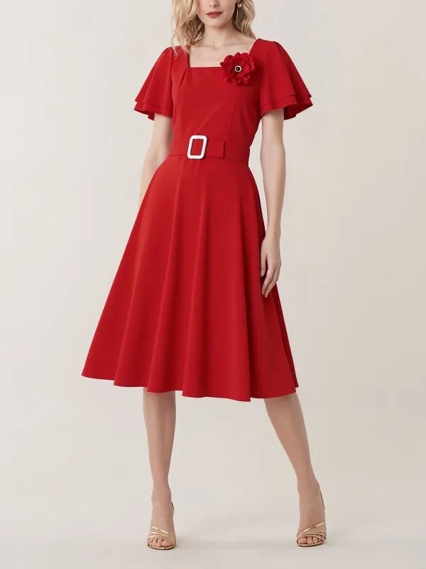 Square Neck Flower Ruffled Sleeves Belted Dress sold by Allegra K