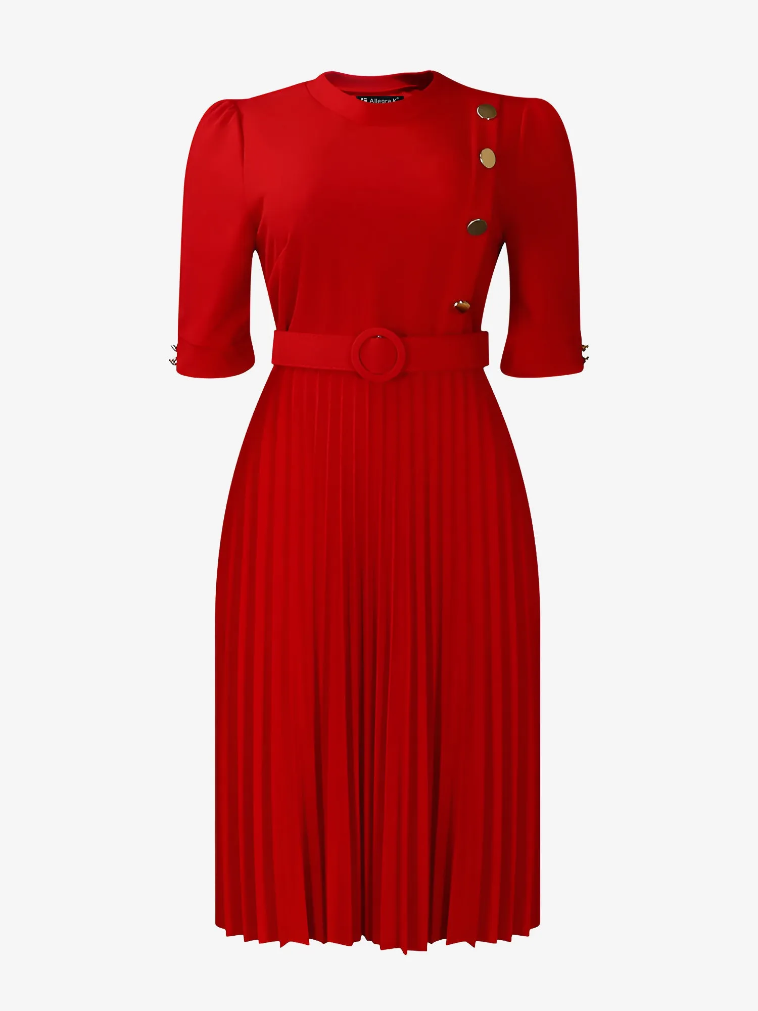 Solid Color Pleated Button Decor Belted Dress sold by Allegra K product image thumbnail 2
