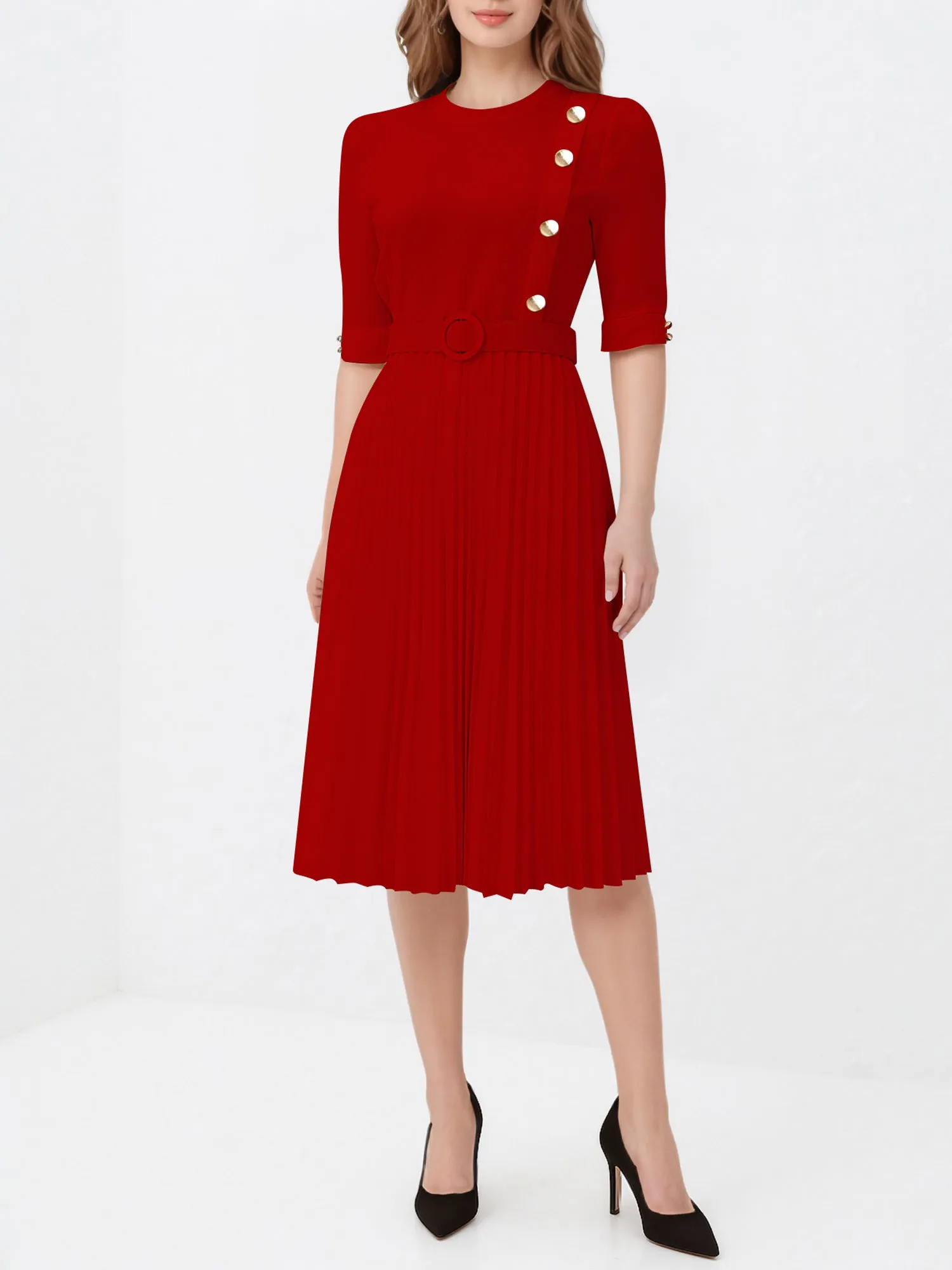 Solid Color Pleated Button Decor Belted Dress sold by Allegra K