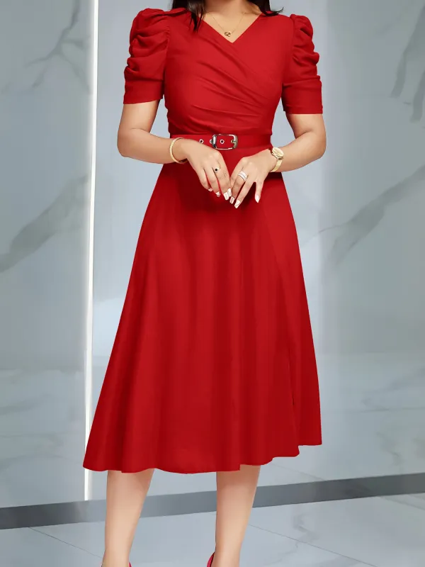Solid Color Puff Sleeves Ruched Belted Midi Dress sold by Allegra K