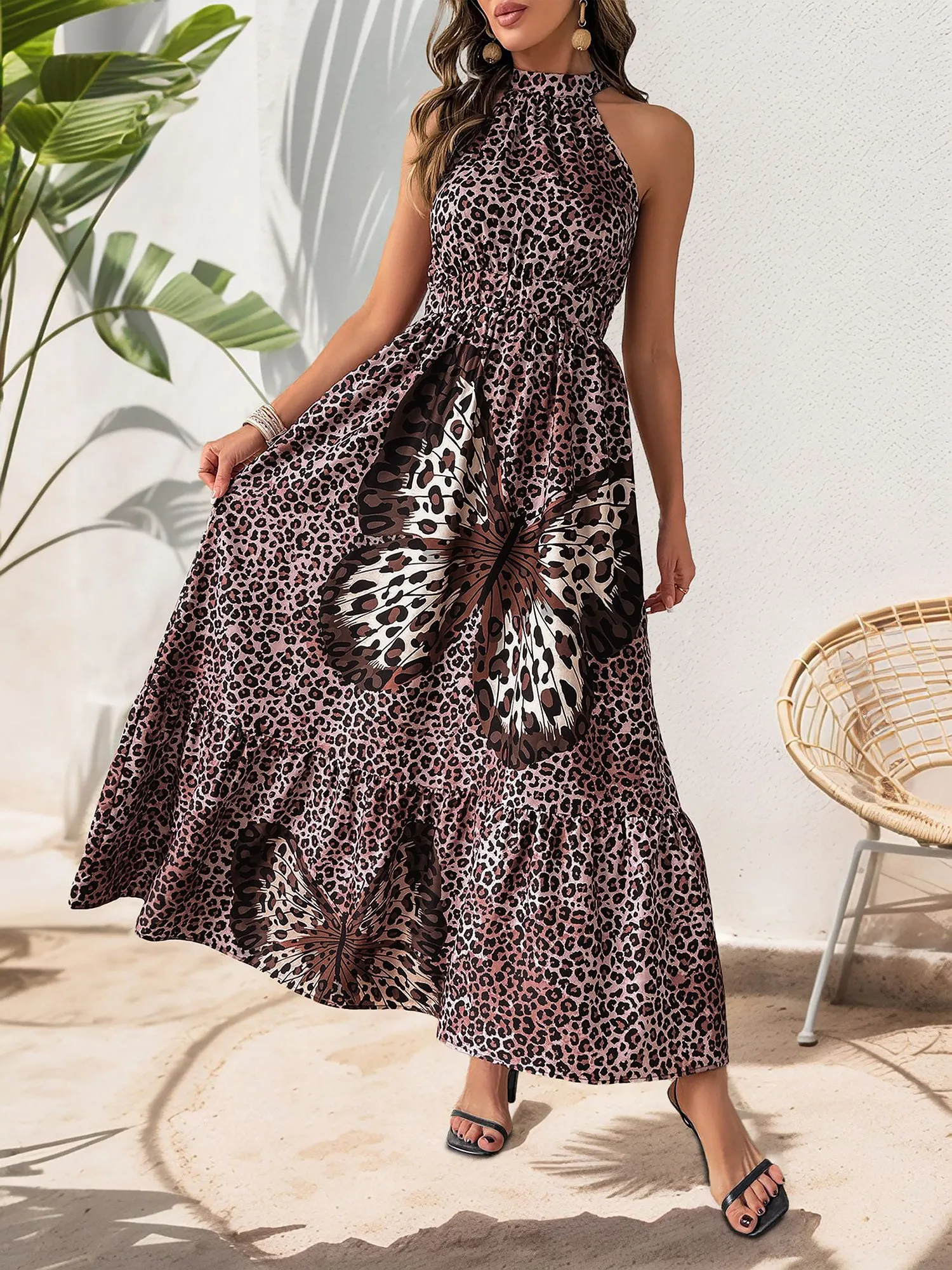 Sleeveless Halter Neck Butterfly Leopard Print Dress sold by Allegra K product image thumbnail 4