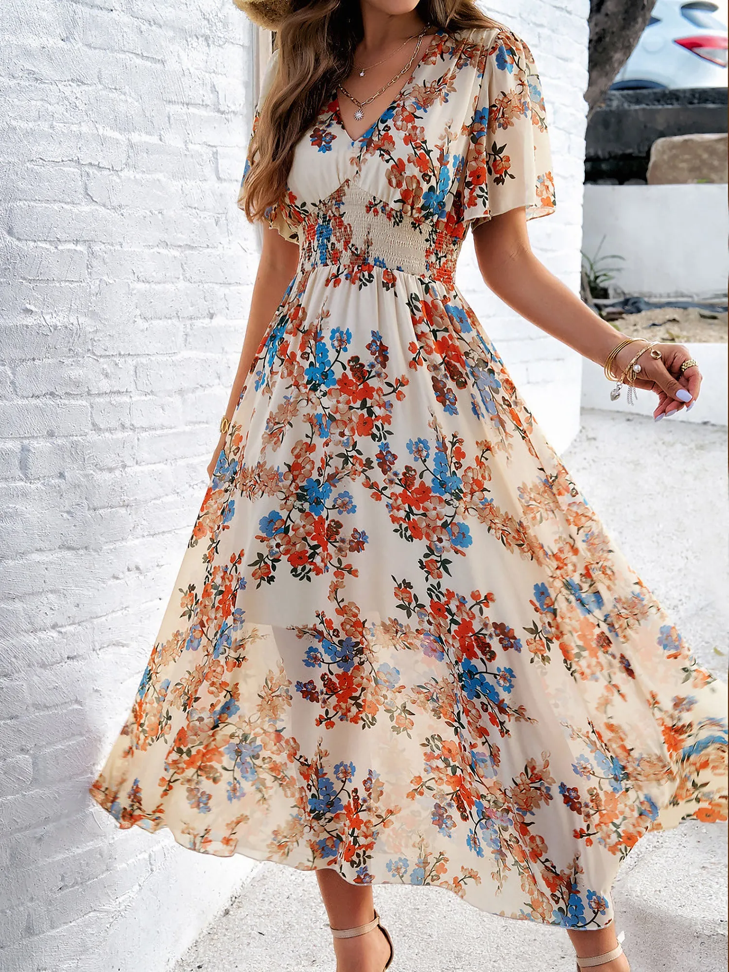 Floral Short Sleeves Smocked Chiffon Dress sold by Allegra K product image thumbnail 5