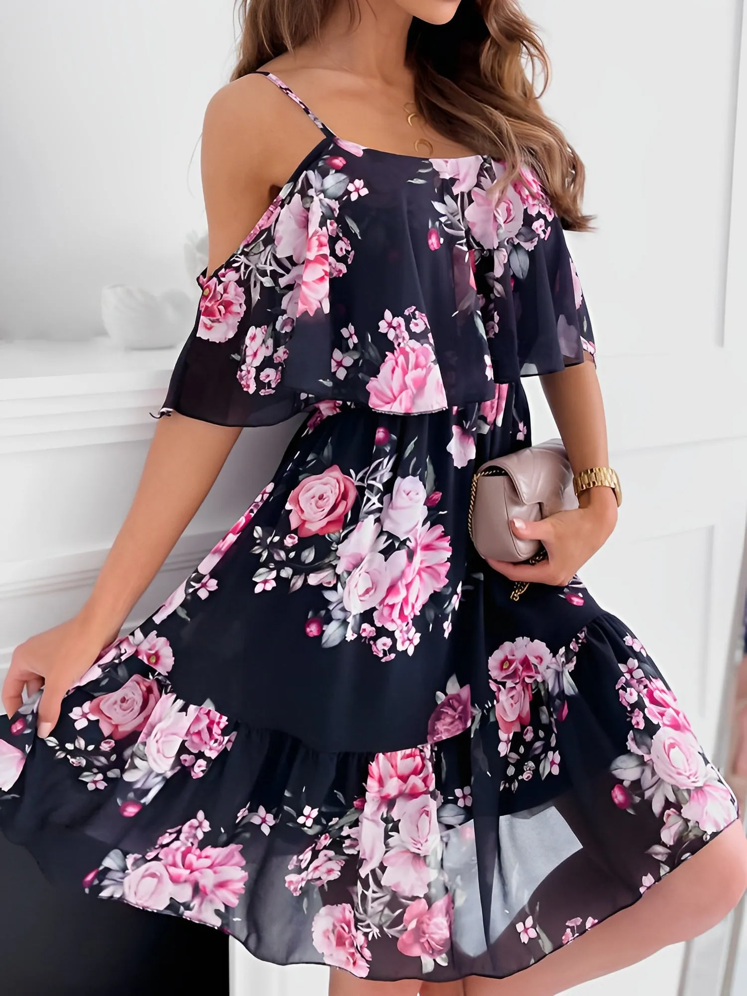 Floral Cold Shoulder Ruffled Mini Chiffon Dress sold by Allegra K product image thumbnail 5