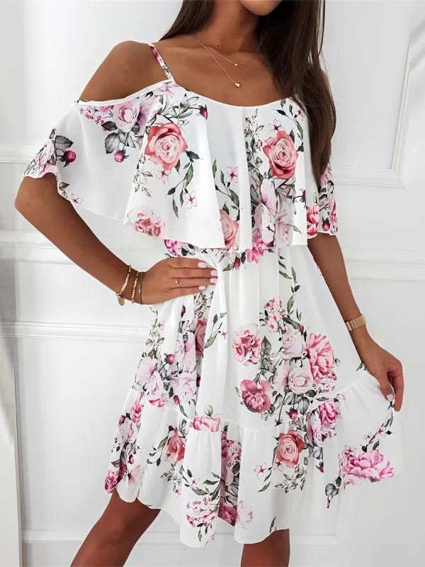 Floral Cold Shoulder Ruffled Mini Chiffon Dress sold by Allegra K