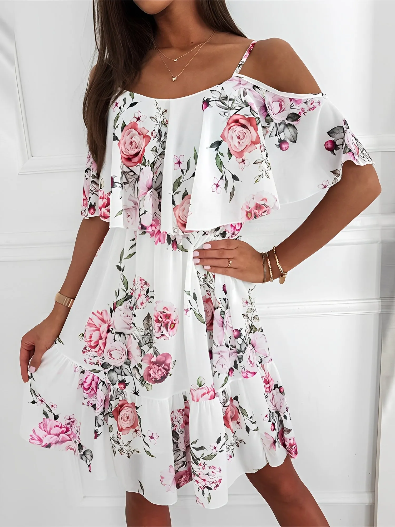 Floral Cold Shoulder Ruffled Mini Chiffon Dress sold by Allegra K product image thumbnail 3