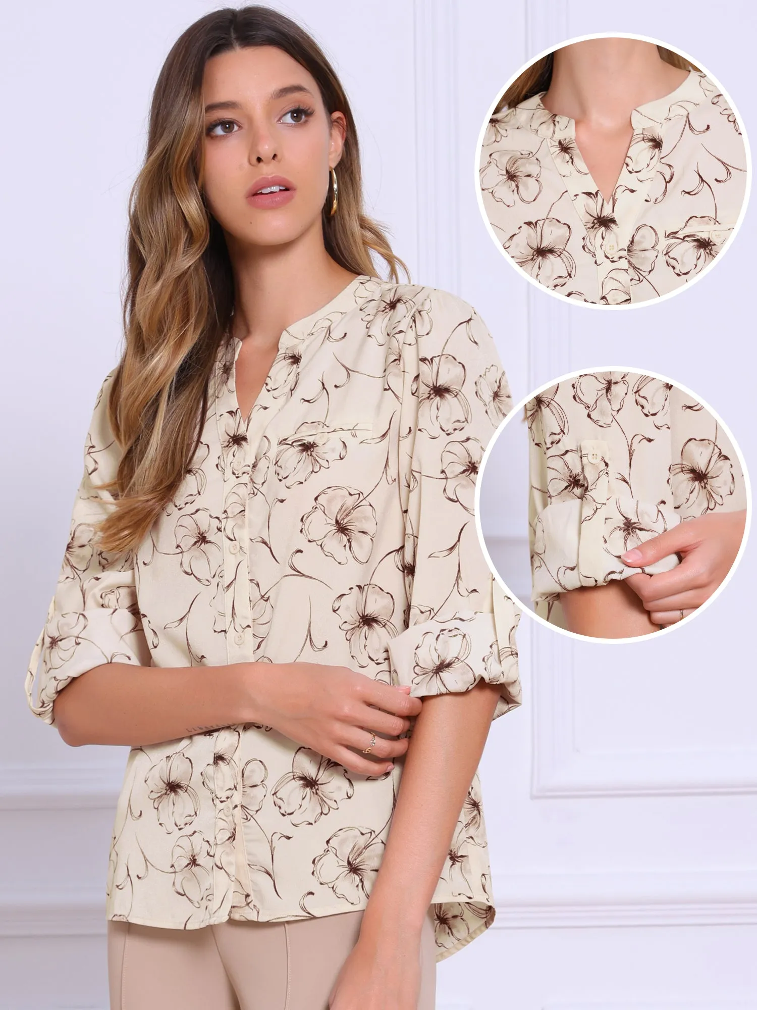 Notch Neck Floral Rolled-Up Long Sleeve Blouse sold by Allegra K product image thumbnail 3