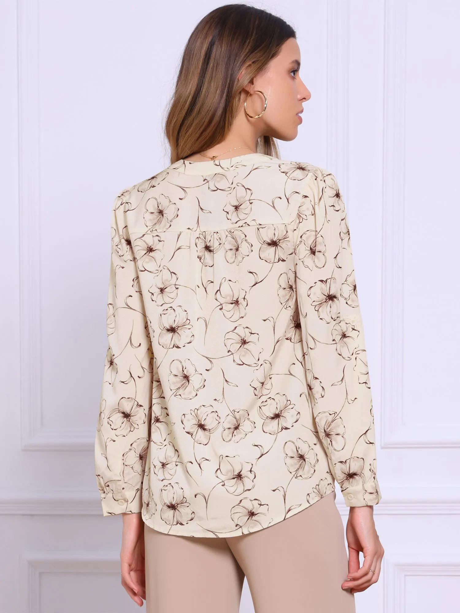 Notch Neck Floral Rolled-Up Long Sleeve Blouse sold by Allegra K product image thumbnail 2