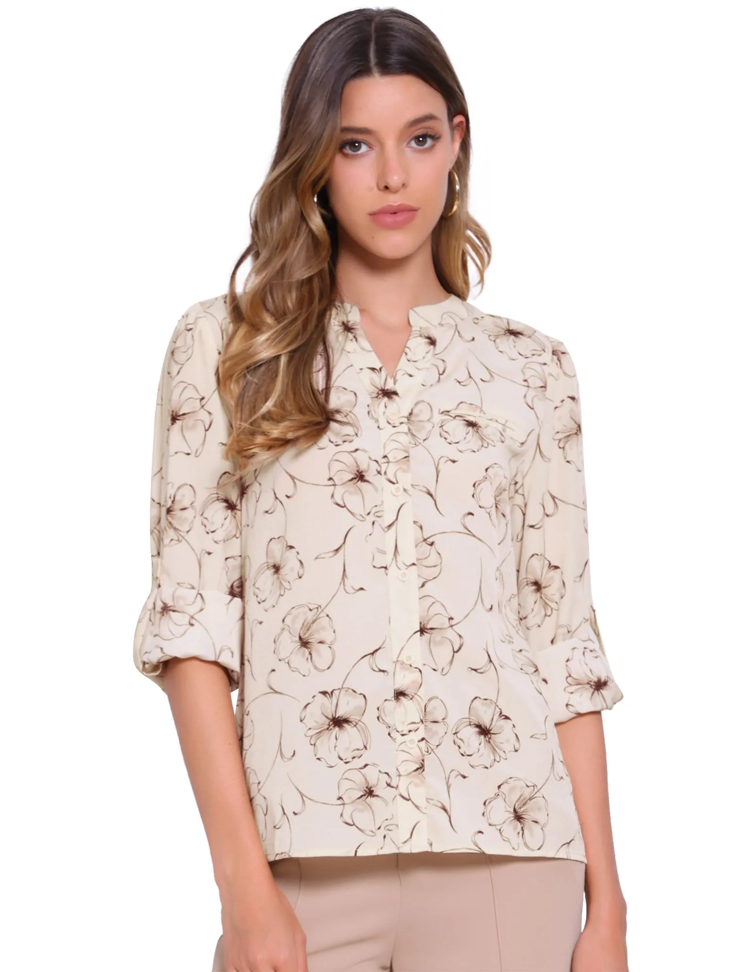 Notch Neck Floral Rolled-Up Long Sleeve Blouse sold by Allegra K product image thumbnail 4
