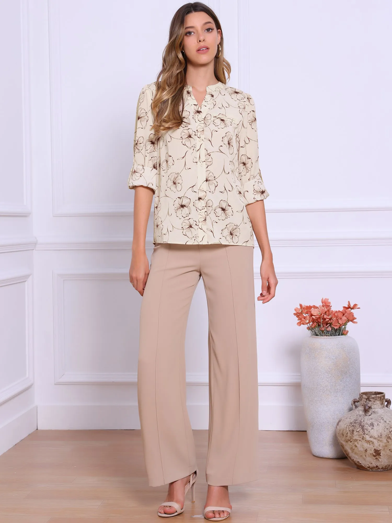 Notch Neck Floral Rolled-Up Long Sleeve Blouse sold by Allegra K