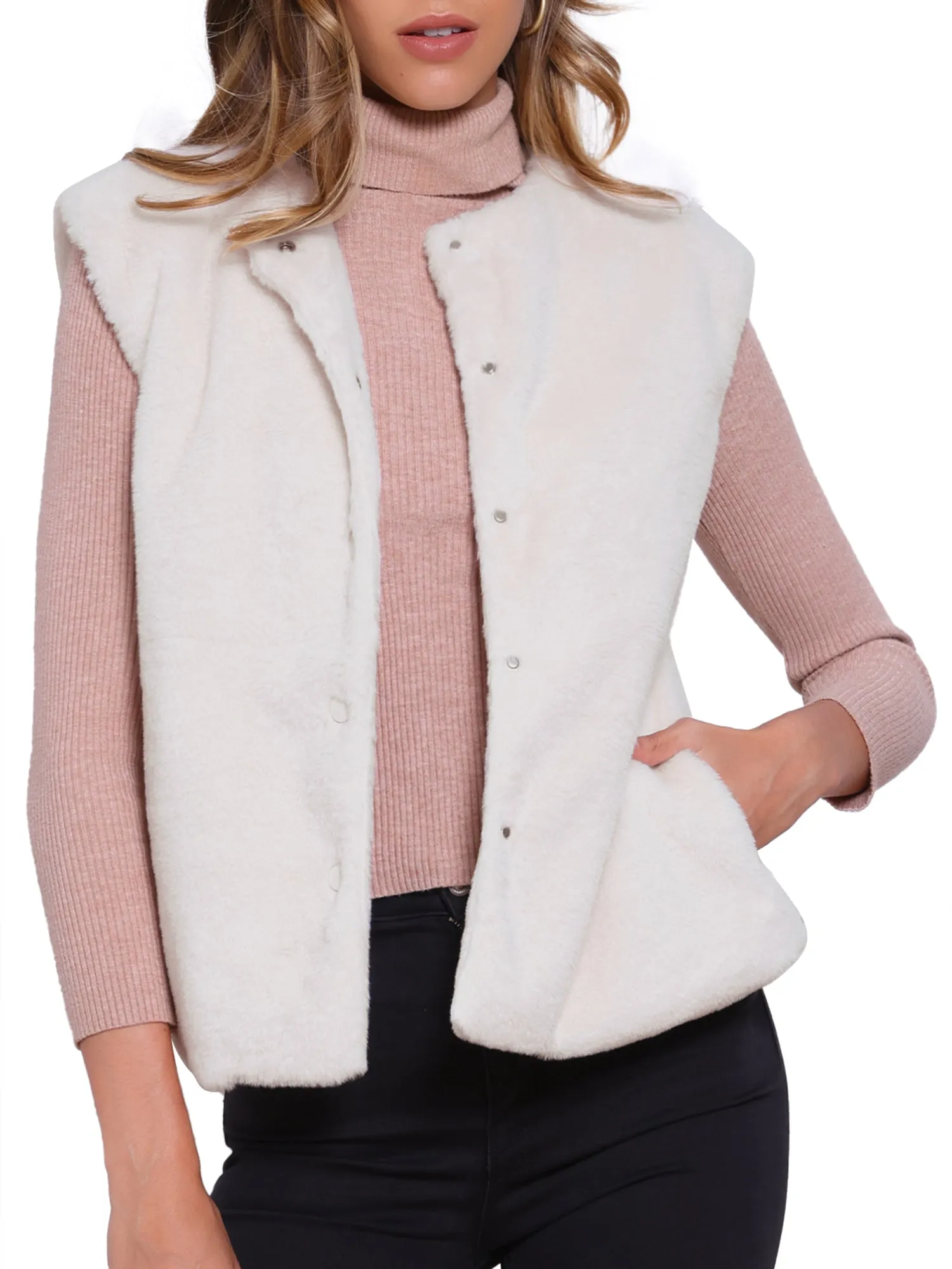 Faux Fur Button Down Sleeveless Open Front Vest sold by Allegra K product image thumbnail 5