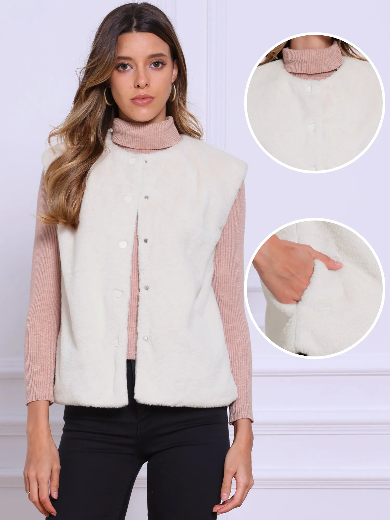 Faux Fur Button Down Sleeveless Open Front Vest sold by Allegra K